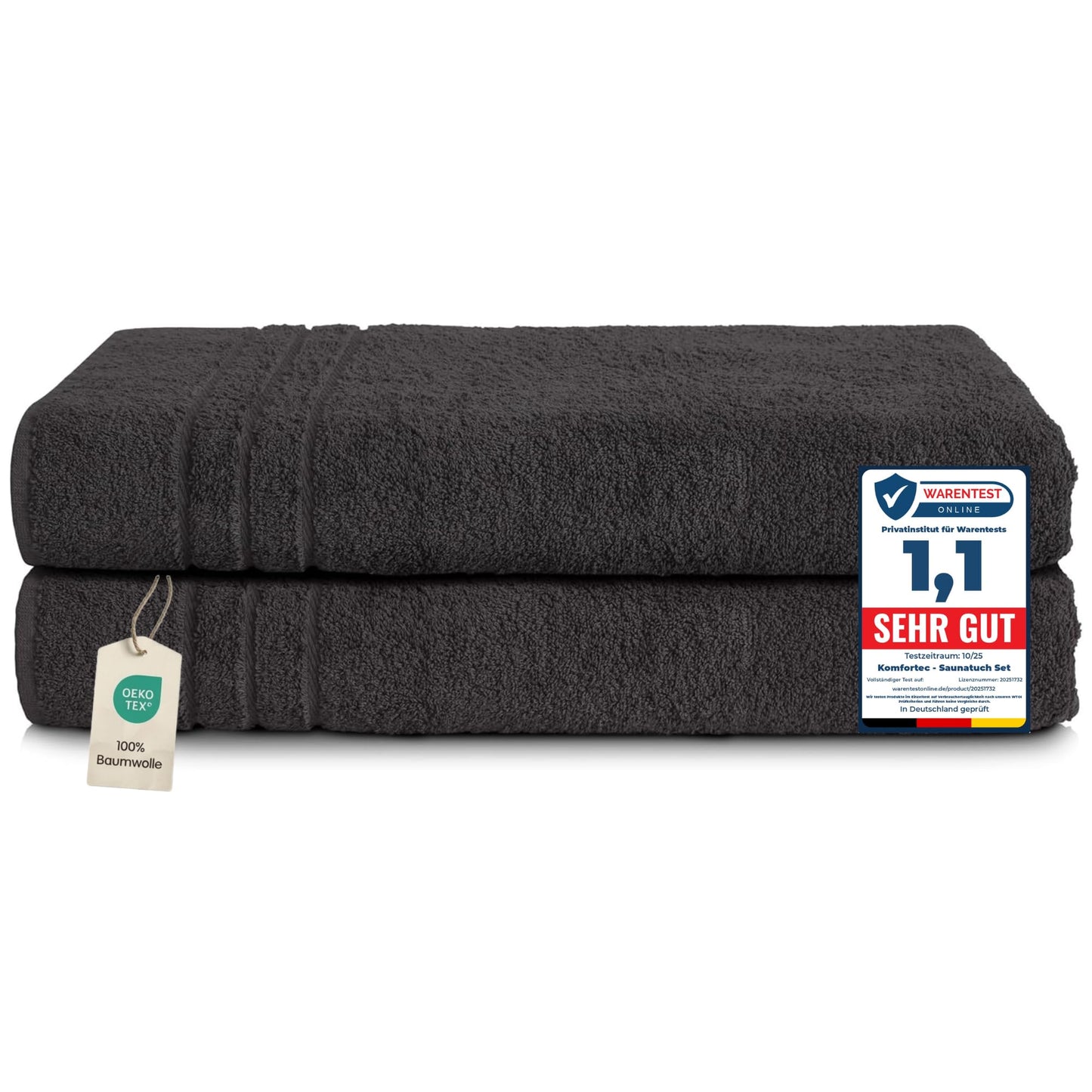 Komfortec 2 sauna towel set 80x200 cm, large sauna towels made of 100% cotton, sauna towels, fluffy and absorbent, quick-drying, black - 2er-80x200-schwarz