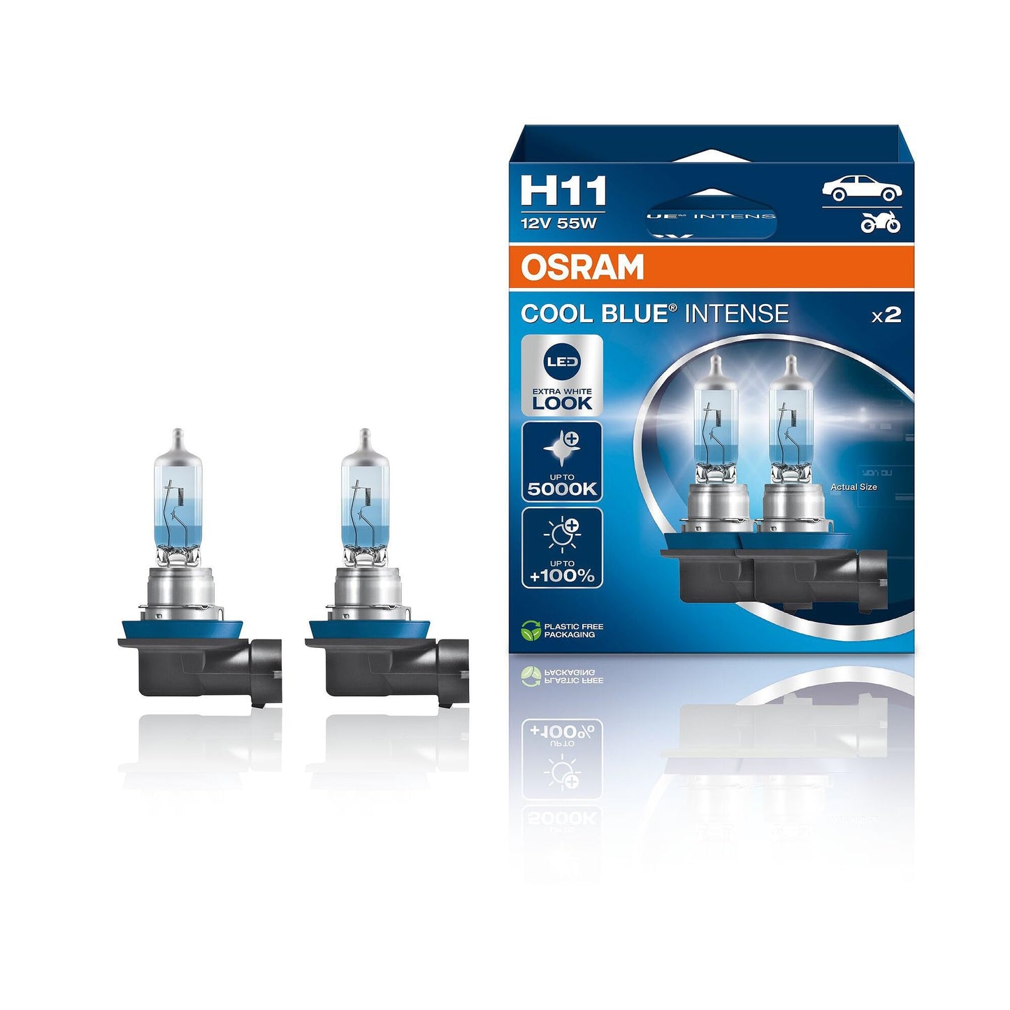 Osram COOL BLUE® INTENSE H11, +100% more brightness, up to 5,000K, halogen headlight lamp, LED look, Hanging folding box (2 lamps) - 64211CBN-2HB