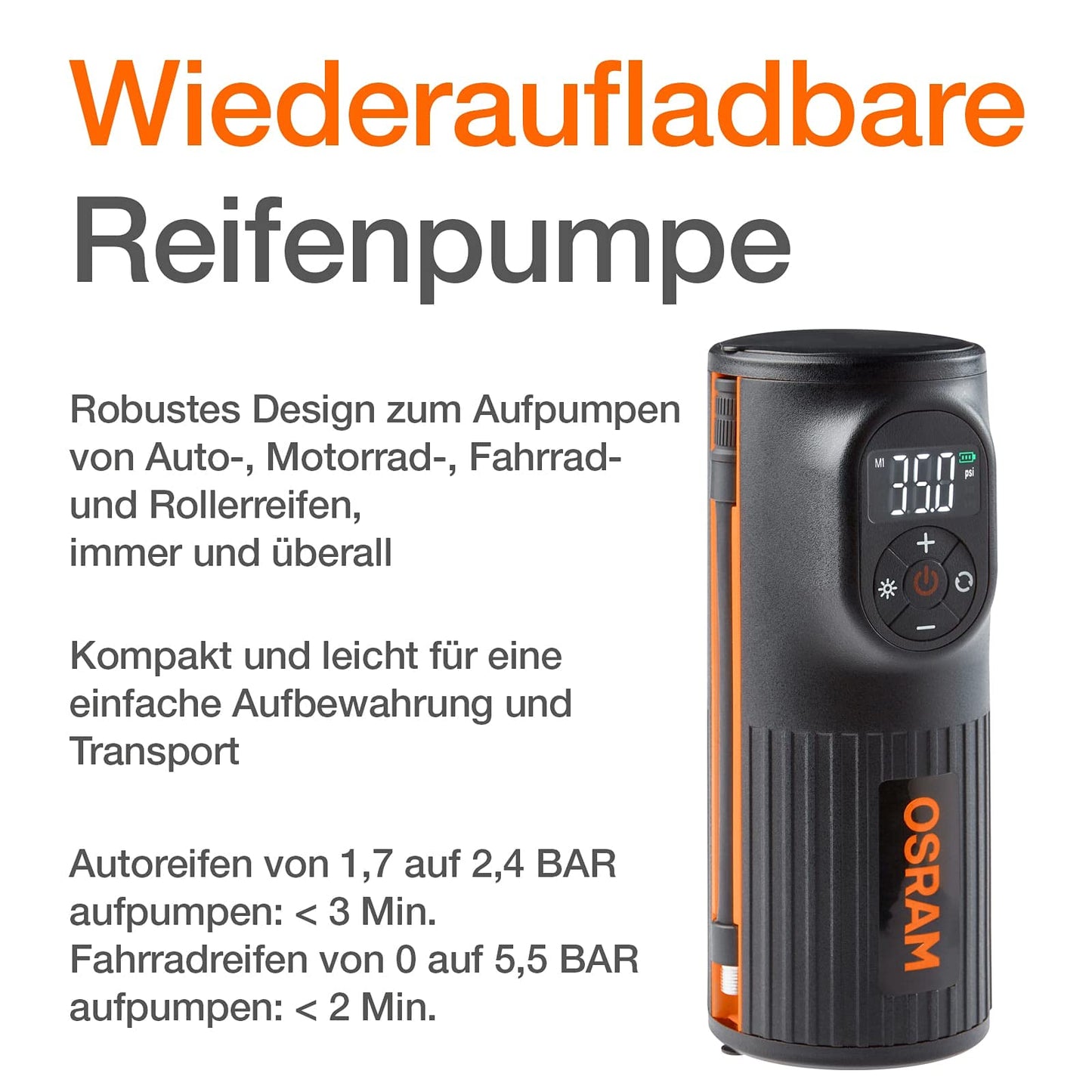 OSRAM TYREinflate 2000, compact rechargeable tire pump with LED light, portable compressor for tires, power connection via USB, tire filling in 2 minutes - OTIR2000