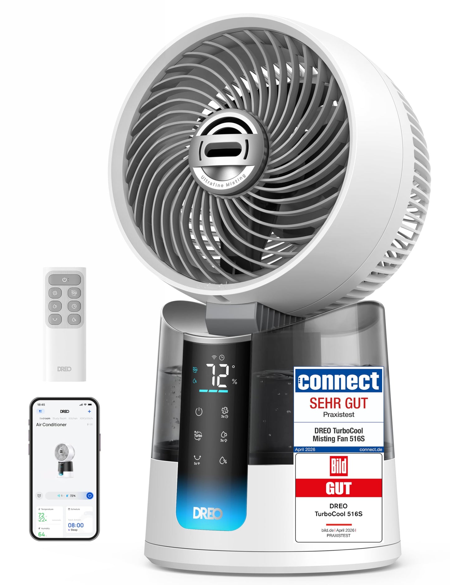 DREO TurboCool Mist Fan 516S, table fan with 150°+30° oscillation, evaporative cooler, 7.9 m/s, ultra-fine mist, 20 dB quiet, 6 speeds, 2 modes, app & remote control, RGB, white - DR-HEC006S