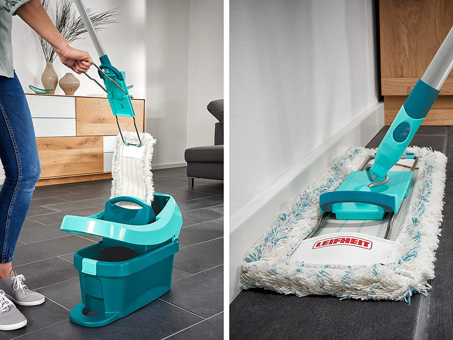 Leifheit back-friendly floor mop Profi XL Cotton Plus, steel handle 146cm, mop with foot click, for tiled and stone floors, 360° swivel joint, click system, environmentally friendly cardboard - 55456