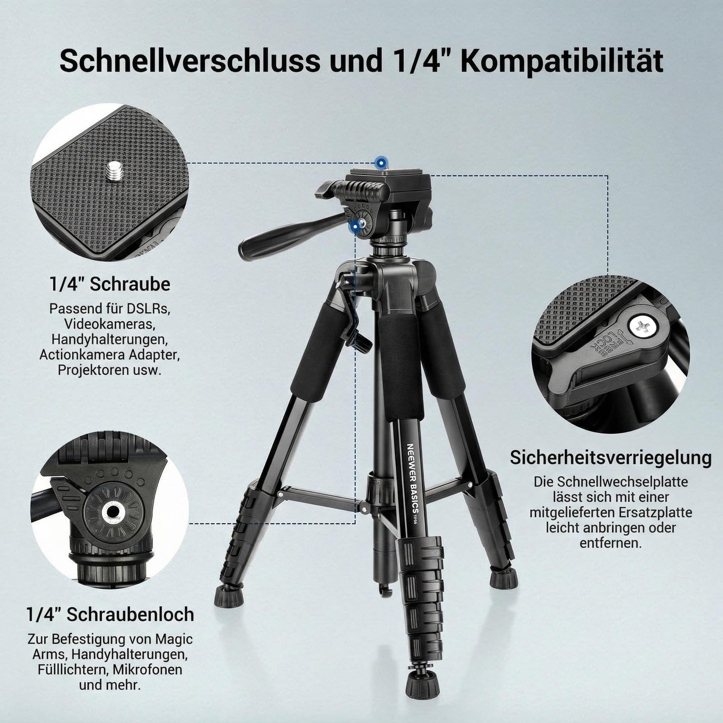 NEEWER Basics TP56 camera tripod, 74" tripod with cell phone holder