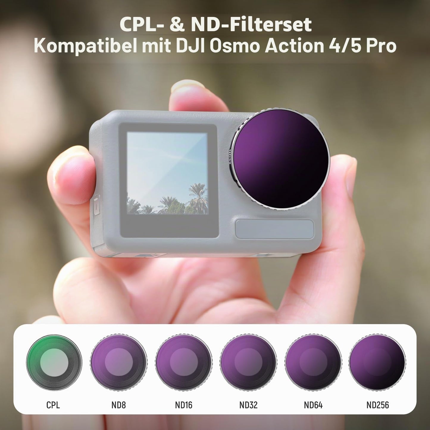 NEEWER Pack of 6 ND Filter Set Compatible with DJI Osmo Action 5 Pro/Action 4, Multi-Coated HD Optical Glass Gray Filter Polarizing Filter CPL+ND8+ND16+ND32+ND64+ND256 Action Cam Lens Accessories, FL-N70