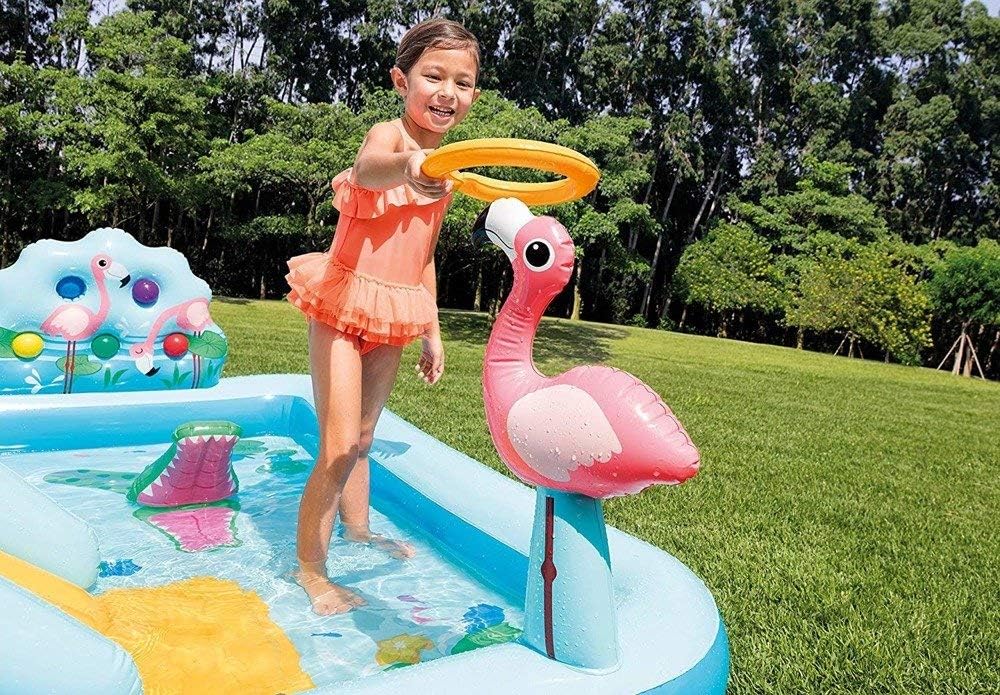 INTEX "Jungle Adventure Play" Inflatable Paddling Pool for Children Children's Pool Set 244 x 198 x 71cm Jungle World Flamingo, Crocodile, Hippopotamus & Monkey, Rain Shower & Slide, 550 l (57161NP)