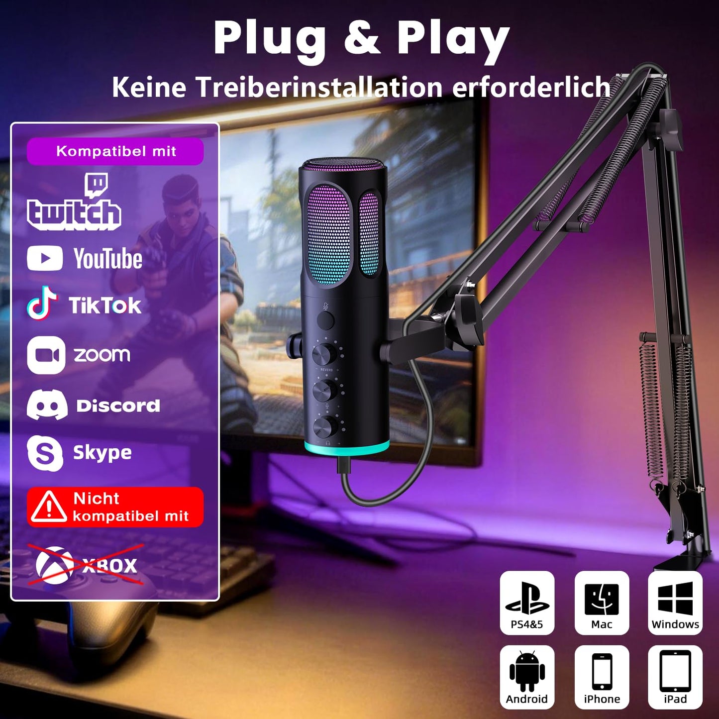 Ortizan USB gaming microphone PC with swivel arm, mute and monitoring - C1