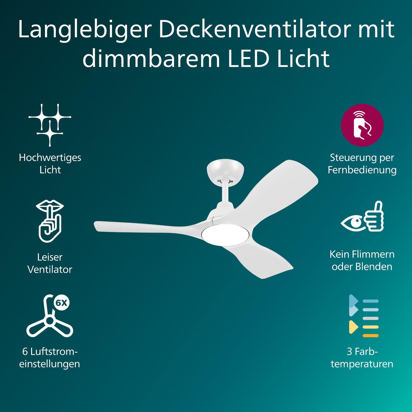 PHILIPS Fixed Blade Ceiling Fan, 3 Blades, Small (42"), 28W LED Light, DC Motor, Color Temperature Range (3000K, 4300K, 6500K) with Dimming Function, Remote Control Included - 929004641111