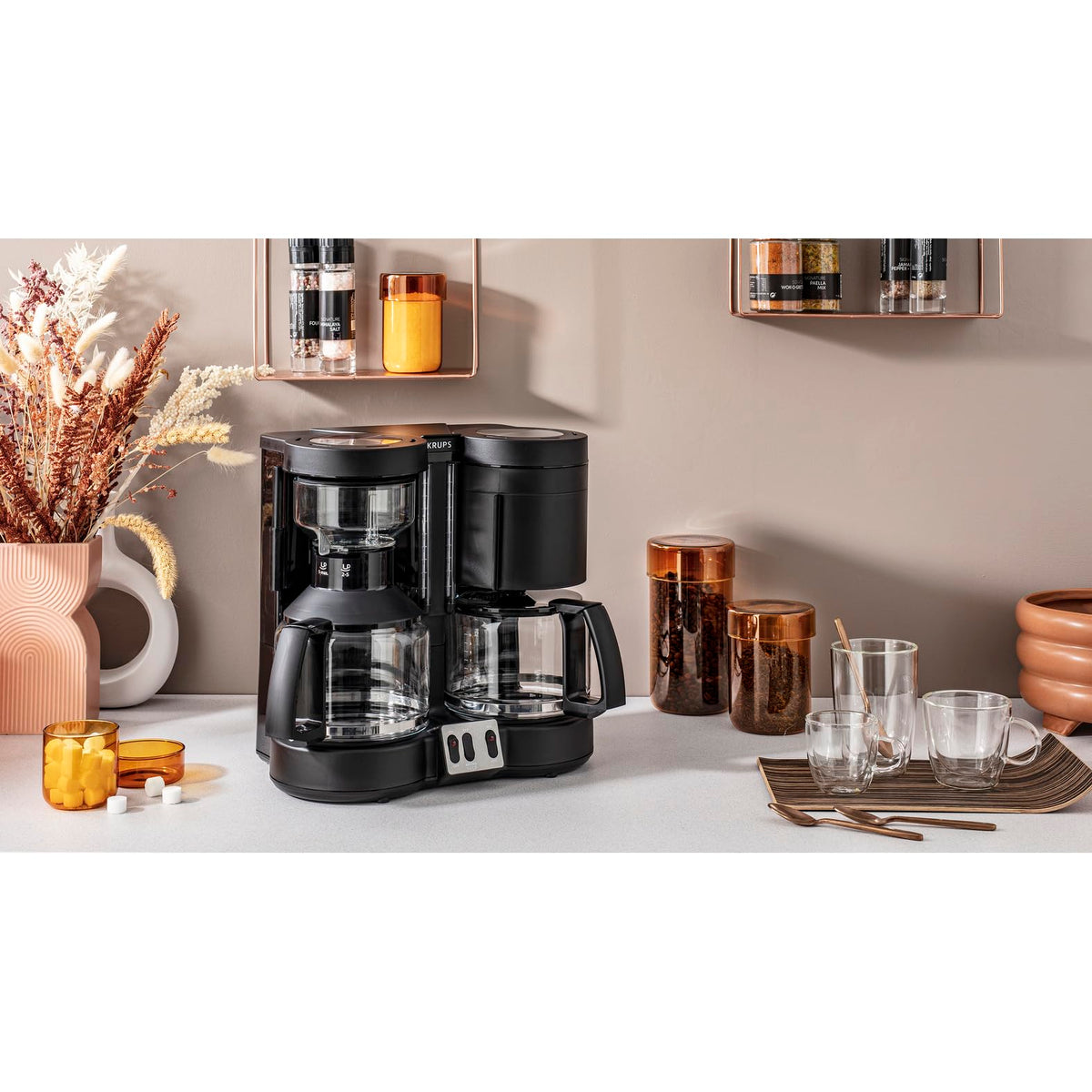 KRUPS Filter Coffee Machine Duothek Plus, Combination Automatic, 2 Independent Brewing Systems, Coffee and Tea, 2 x 10 Cups, 2 Swing Filters with Drip Stop, 2 Separate Water Level Indicators, Black, KM8508 - KM850811