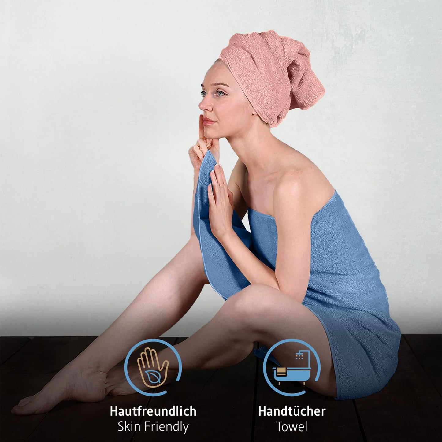 Komfortec set of 8 towels, 4 bath towels 70x140 cm & 4 hand towels 50x100 cm, 100% cotton terry cloth, fluffy and absorbent, pink/light blue - 4er-50x100-und-4er-70x140-rosa-hellblau