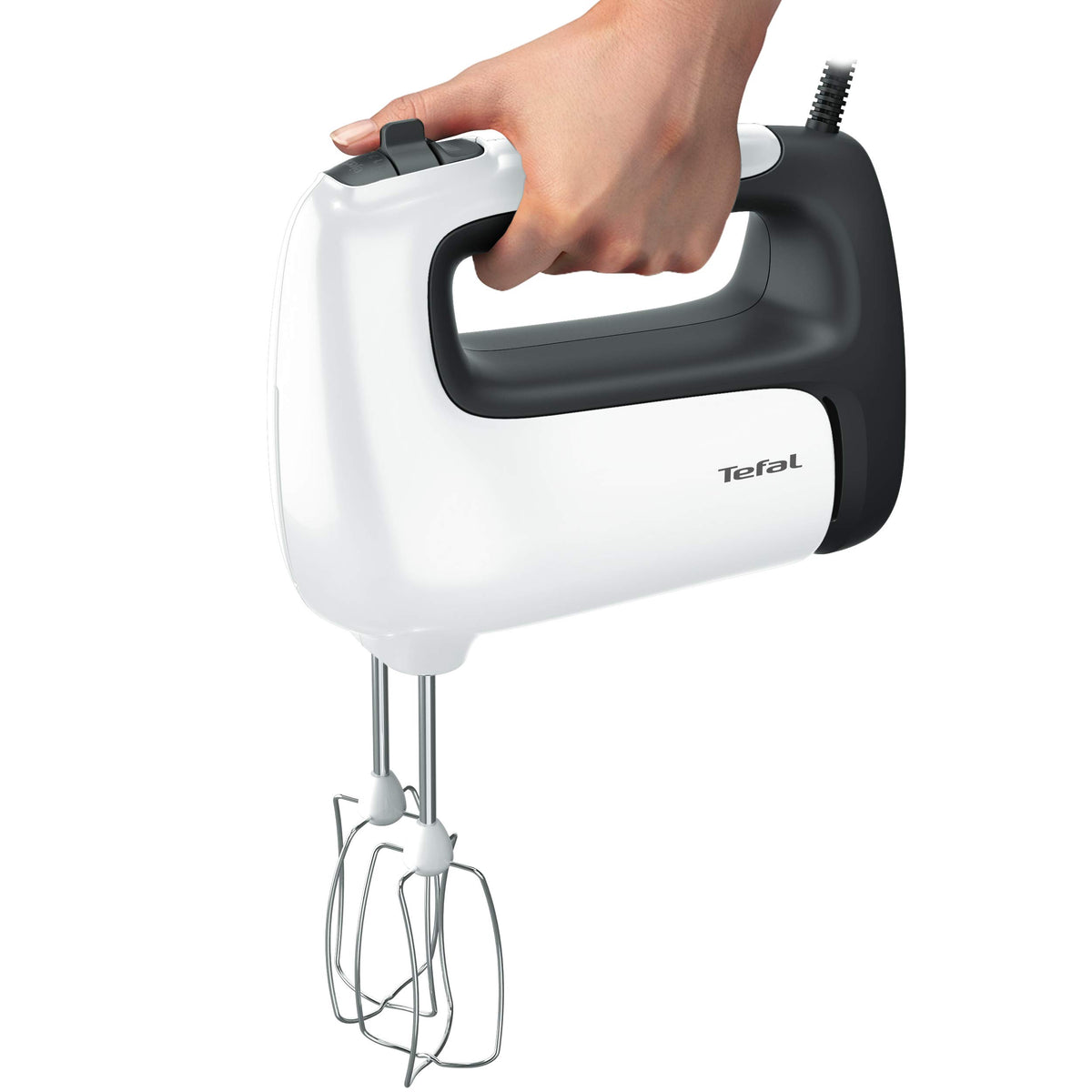 Tefal Prep'Mix+ Mixer de mână cu blender, 500 Watt, buton glisant cu 5 viteze + Turbo, inclusiv accesorii: 2 teluri/2 cârlige pentru frământat/blender/recipient de măsurare, alb/negru, HT4611