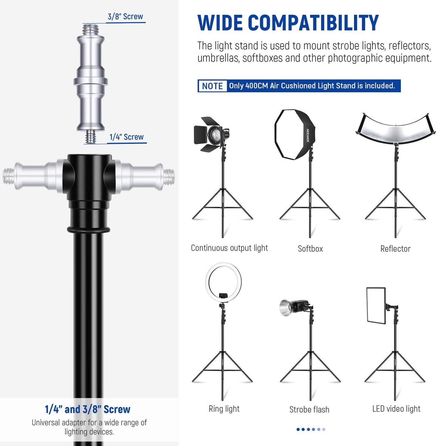 NEEWER 4m light stand, air-cushioned heavy duty metal tripod for ring light photography lamps with 1/4" to 3/8" screw adapter and 3-way interfaces, load capacity: 3kg, ST-400AC