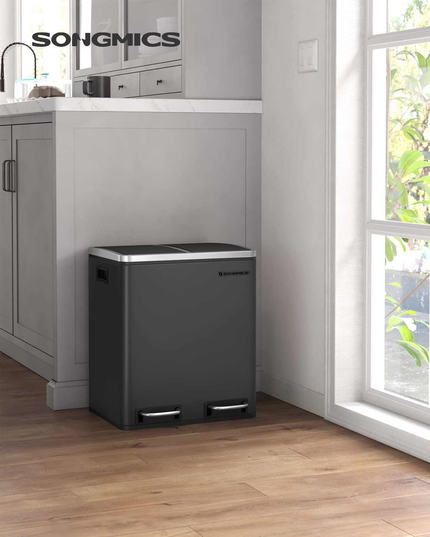 SONGMICS kitchen trash can, 2 x 15 liters, waste separation system 2 compartments, including 15 trash bags, trash can, pedal bin, recyclable waste, organic waste, soft close lid, ink black LTB30BK