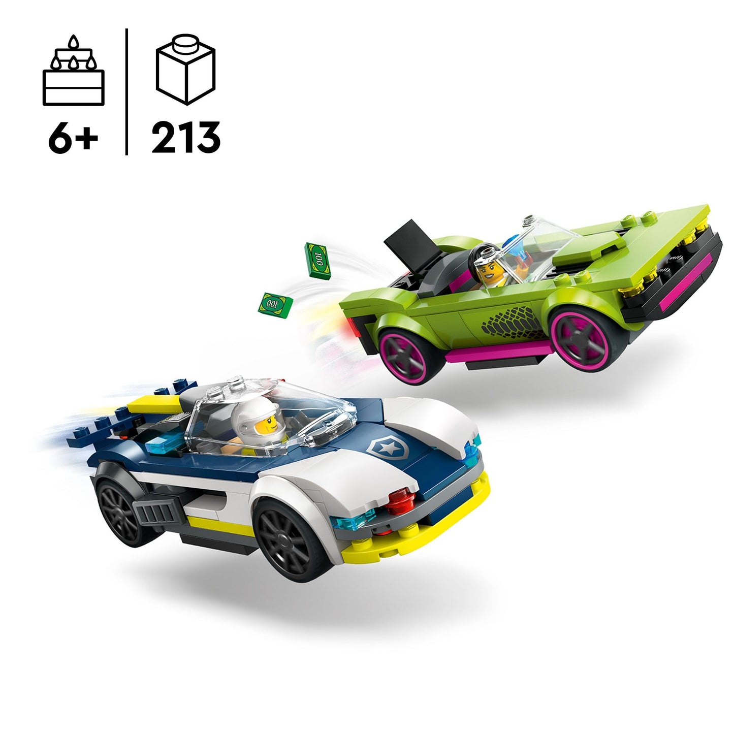 LEGO City chase with police car and muscle car, car toy train with 2 racing cars, police gift for children, boys and girls aged 6 and over, set with policeman and crook minifigures 60415