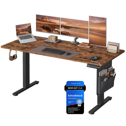 SONGMICS Electric height-adjustable desk, 160 x 70 cm, infinitely adjustable, memory function with 4 heights, vintage brown LSD136K01