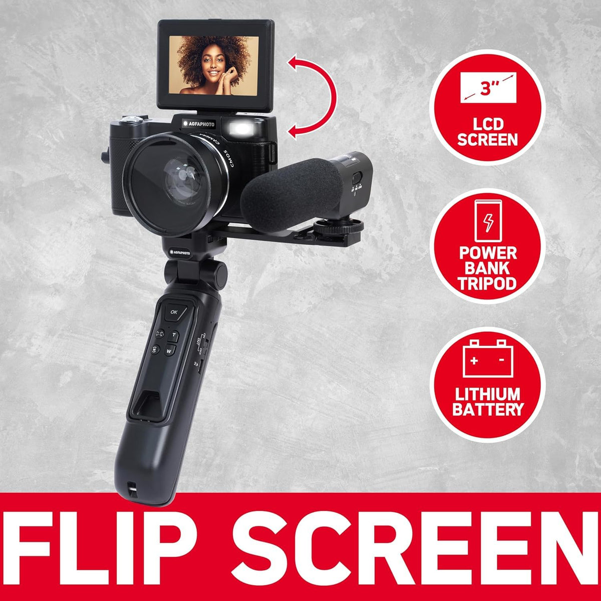 AGFA PHOTO Realishot VLG-4K Vlogging Kit - Cameră de 24MP, video 4K, ecran LCD de 3'', zoom digital de 16 ori, senzor CMOS, baterie litiu - Negru - 3760265543915