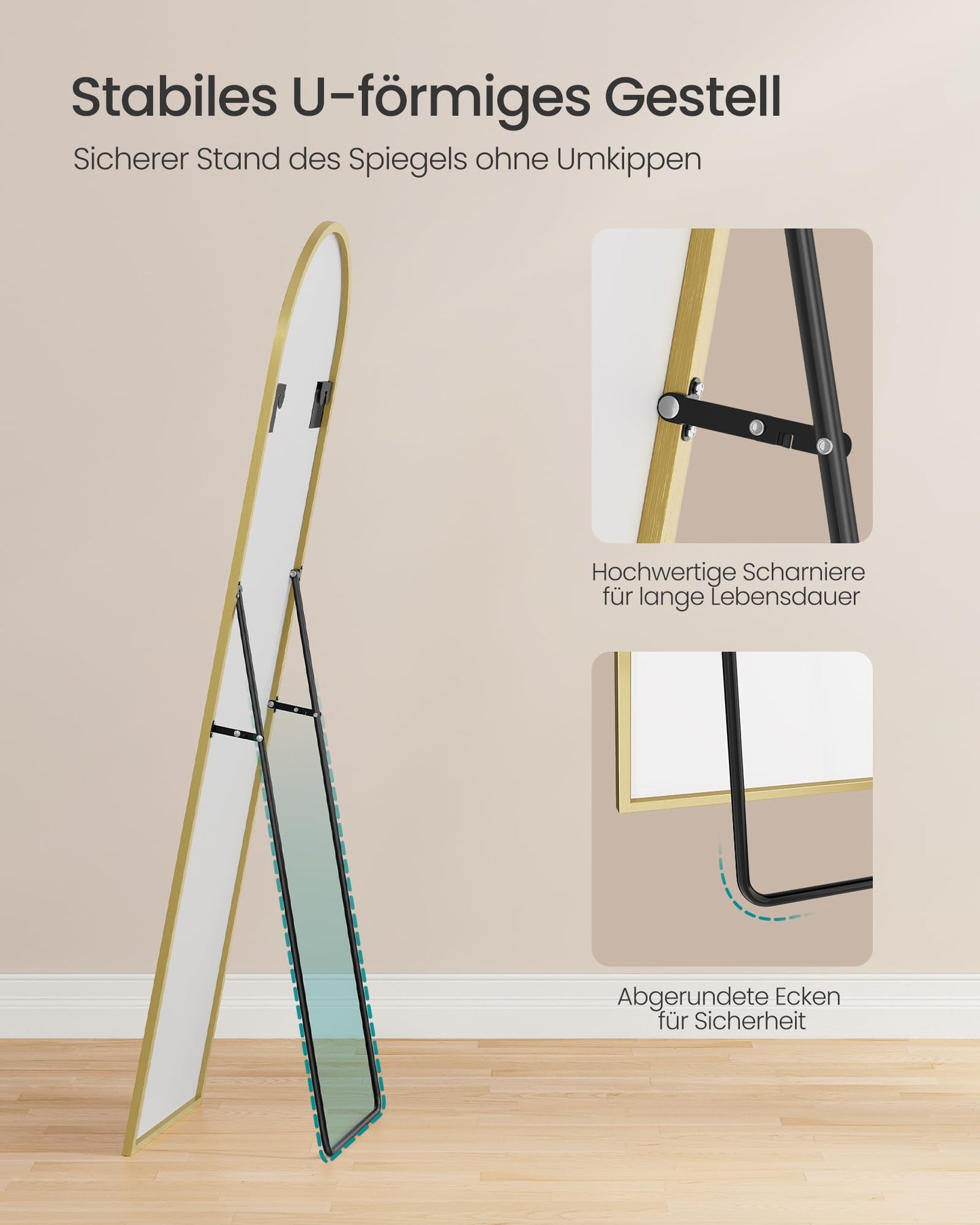 SONGMICS Full Length Mirror 150x40cm Curved Standing Mirror Aluminum Alloy Frame Tempered Glass for Bedroom Living Room Cloakroom Pale Gold LFM035AB01