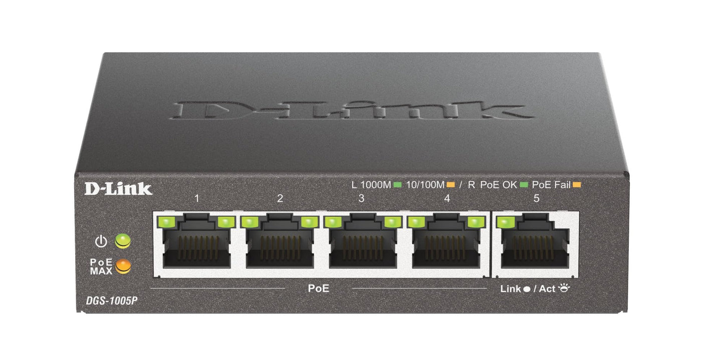 D-Link DGS-1005P, 5-Port Layer 2 Unmanaged PoE Gigabit Switch (4 x 10/100/1000 Mbit/S BaseT PoE port, 1 x 10/100/1000 Mbit/S BaseT port, 60W PoE capacity, plug & play, fanless, metal housing) - DGS-1005P/E