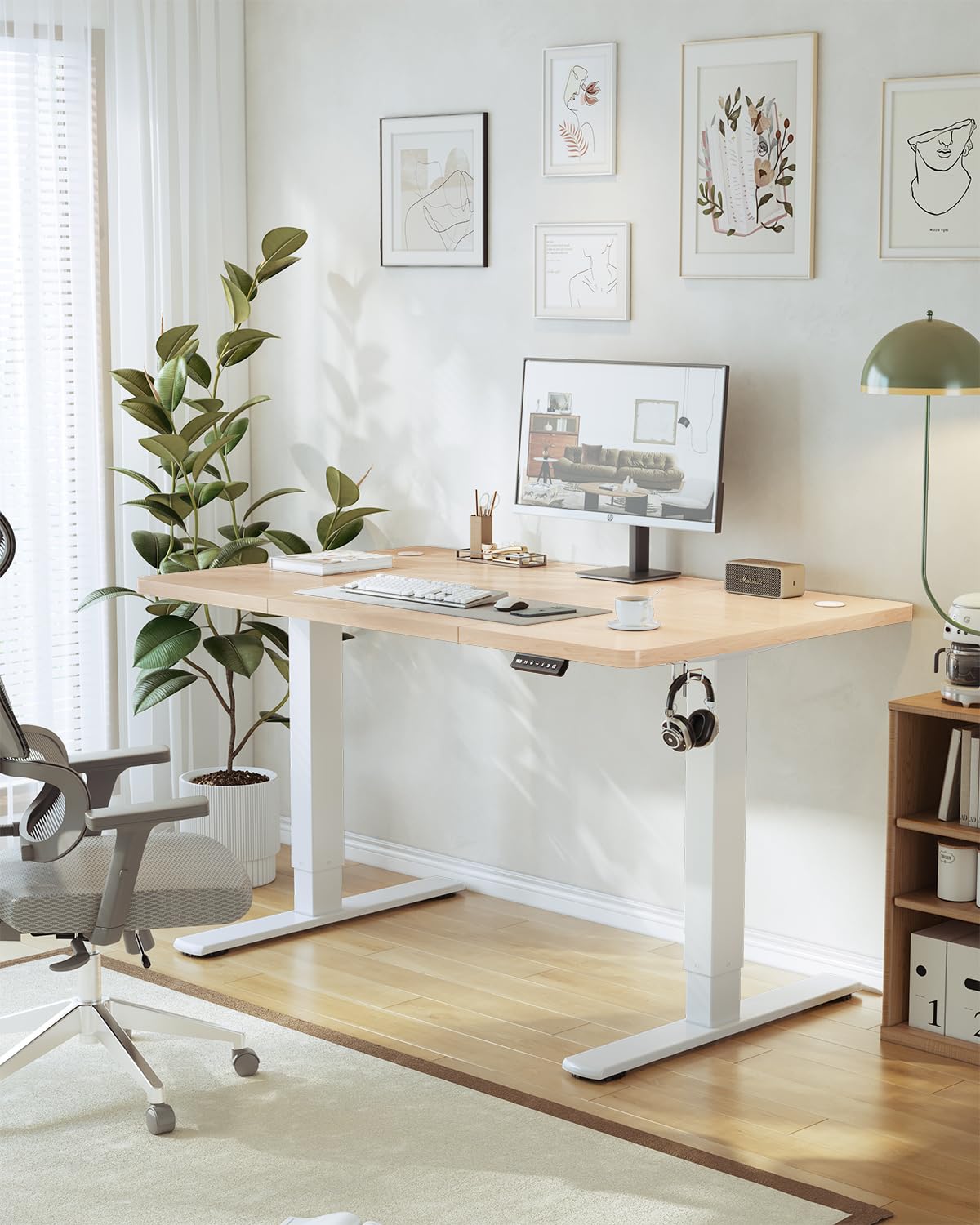JUMMICO Birou reglabil pe înălțime cu port de încărcare USB, birou reglabil electric pe înălțime 120 x 60 cm, masă stand-sit, birou standing, masă reglabilă pentru computer, birou standing, bej - 0403