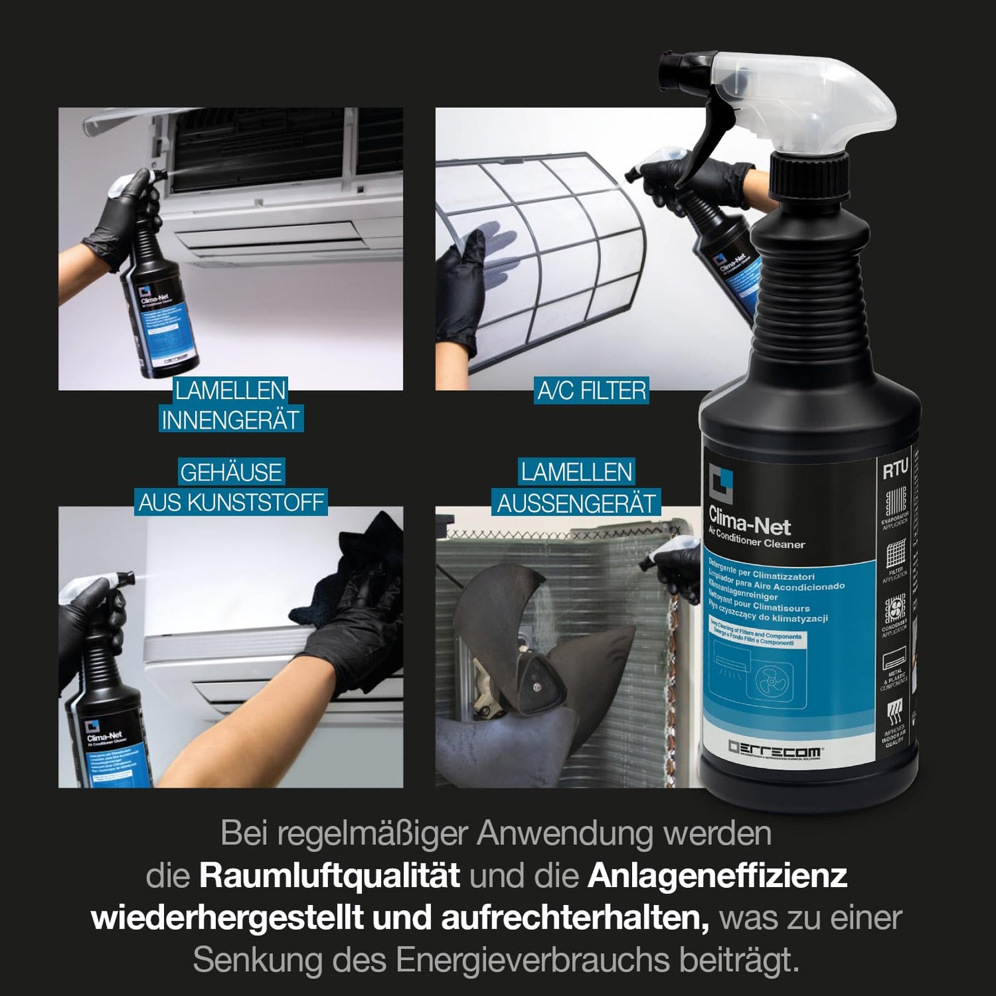 Errecom Kit zur Reinigung der Klimaanlage, enthält 1-L Clima-Net Reiniger für Klimaanlagen, Filter, Rippenwärmetauscher, Außengeräte, 1 Wally Schutzhülle für Reinigung von Splits und Verdampfern. - RKAB96.P1.EC
