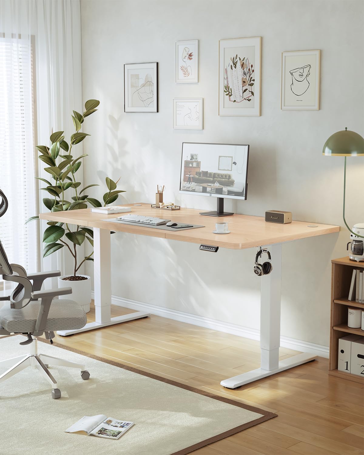 Birou JUMMICO reglabil pe înălțime cu port de încărcare USB, birou electric reglabil pe înălțime 160 x 70 cm, masă de lucru stand-sit, birou standing, masă de calculator reglabilă, birou standing, bej - 0403