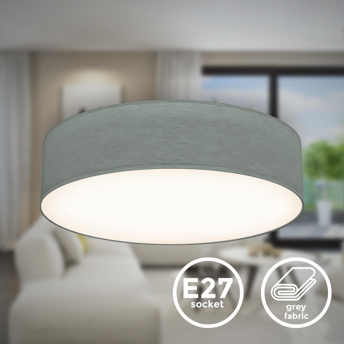 B.K.Licht - Ceiling lamp with fabric lampshade, E27 socket, max. 40 watts, ceiling light, lamp, living room lamp, bedroom lamp, kitchen lamp, ceiling lighting, 38x10 cm, gray - BKL1219