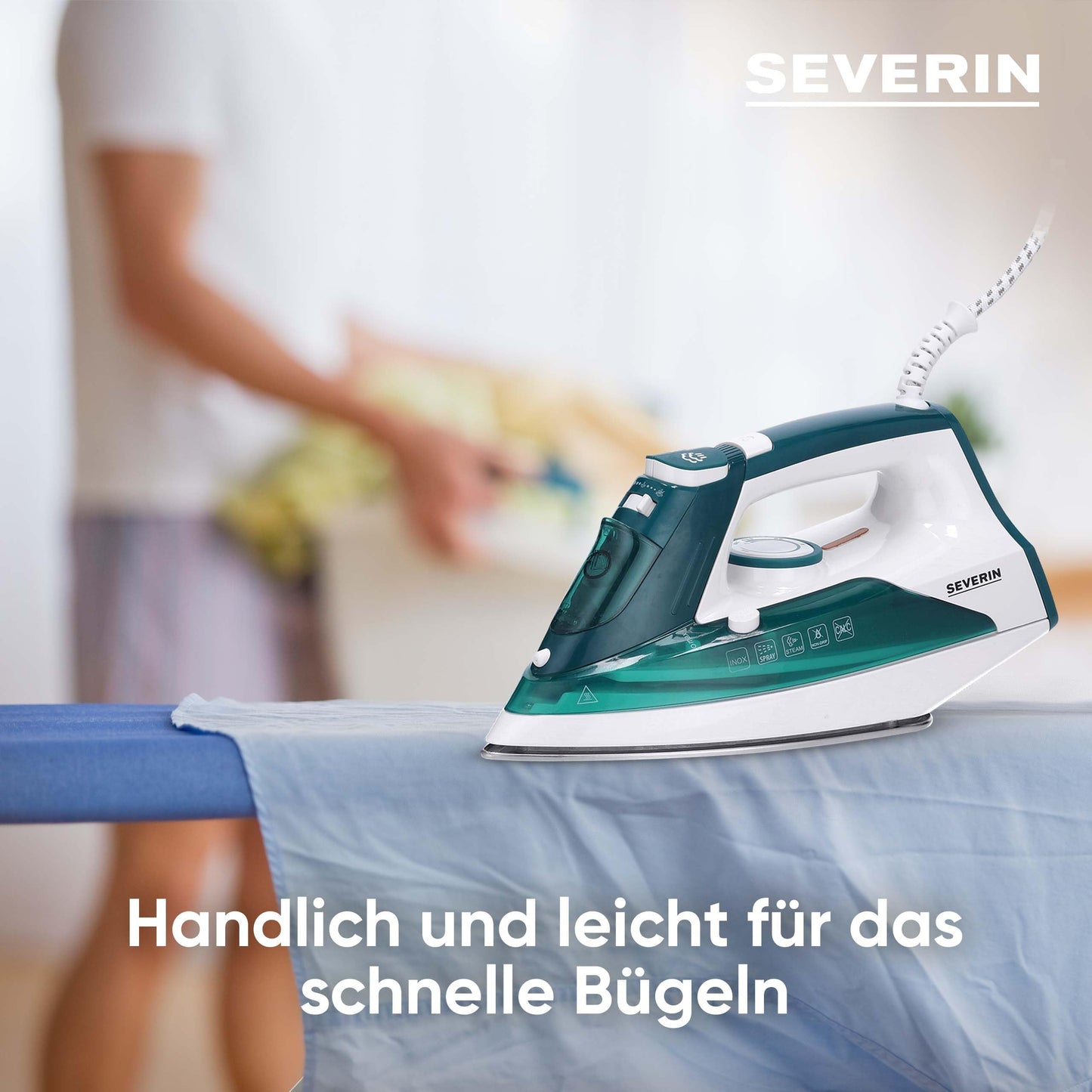 SEVERIN steam iron with robust stainless steel sole, 2400W, 85g, min steam boost, 30g, min variable steam output, removable water tank, anti-drip function, 175 ml, white-green, BA 3261