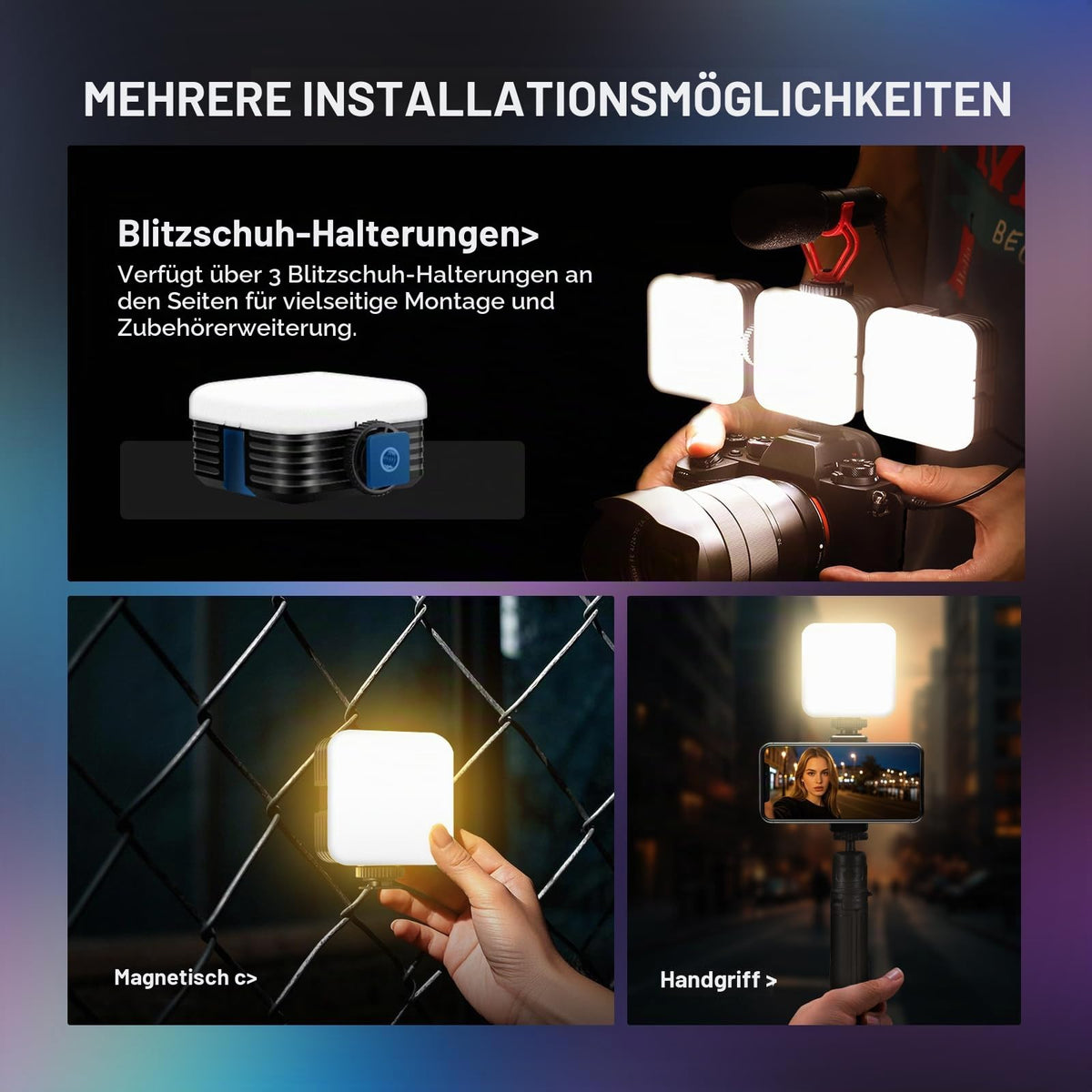 NEEWER Magnetic RGB Video Light with Table Tripod, 3 Cold Shoes 360° Full Color LED Camera Light CRI97+/20 Scenes/2500K-8500K 2000mAh Rechargeable Photography Recording Small Panel Lighting RGB61