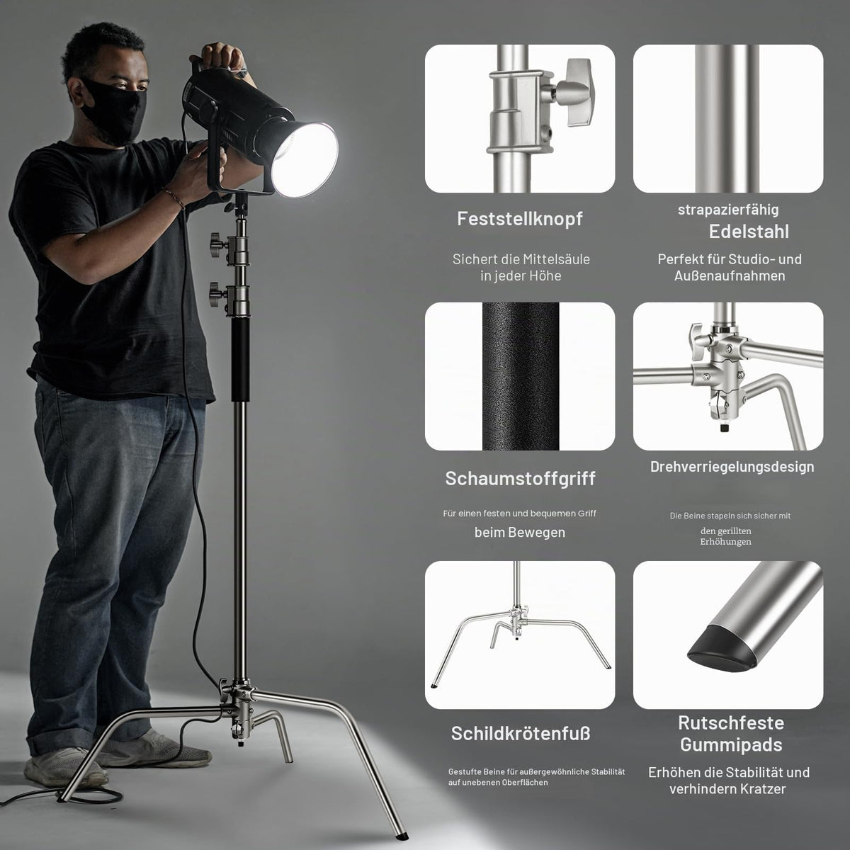 NEEWER Heavy Duty Light Stand, Height-Adjustable Metal C Tripod, 3.4m with Boom Arm, Integrated Suspension Buffer, 1/4" Screw, for Studio LEDs DSLR Cameras Maximum Load Capacity: 10kg, Black - SC340AW