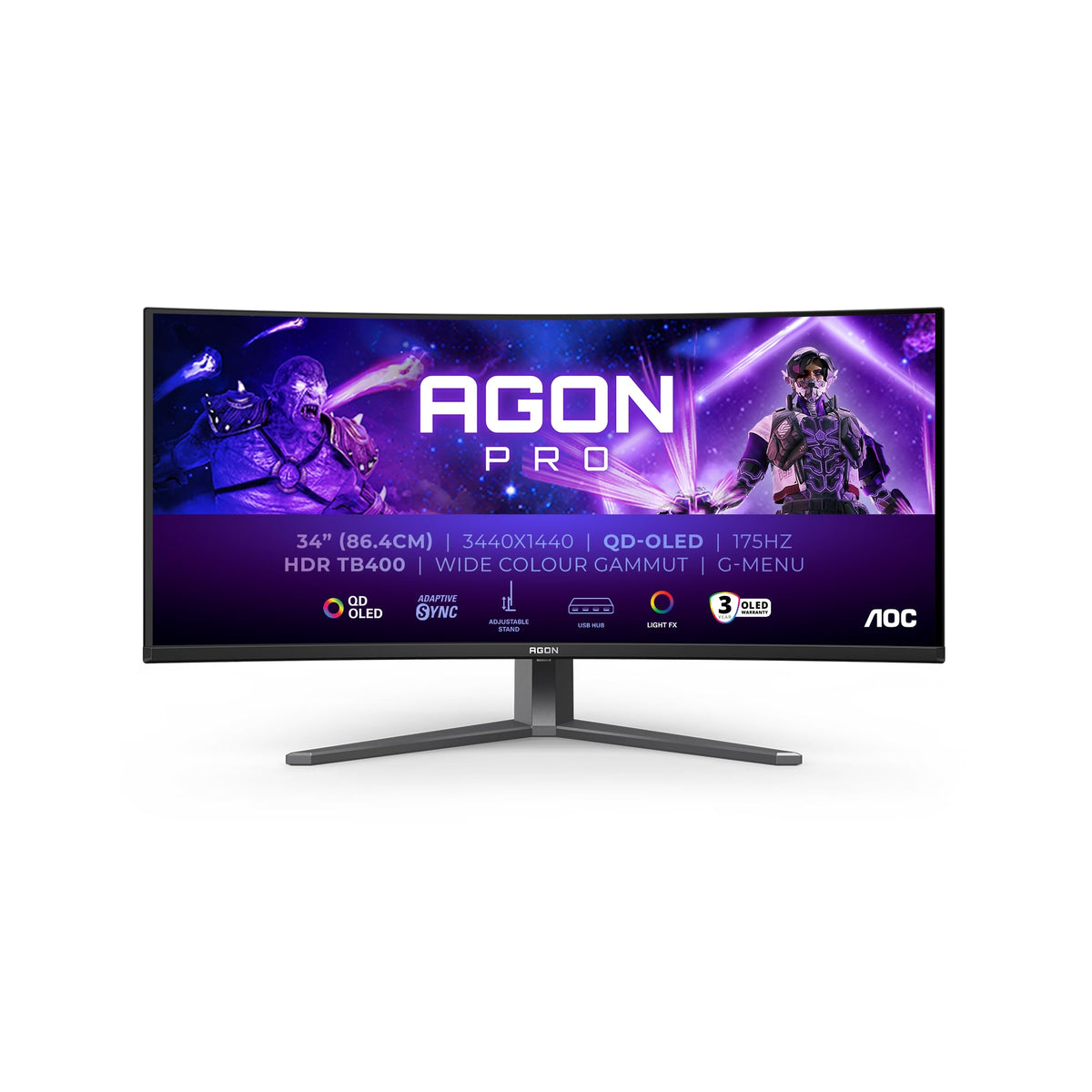 AOC AG346UCDAM Monitor de gaming curbat de 34", UW-QHD, cu hub USB, 175Hz, panou QD-OLED, 0.03ms GtG, HDR400 TB, FreeSync Premium, compatibil G-Sync, ajustare pe înălțime, difuzoare, (3440x1440 HDMI 2X 2.0 DP 1x 1.4) - AG346UCDAM/39