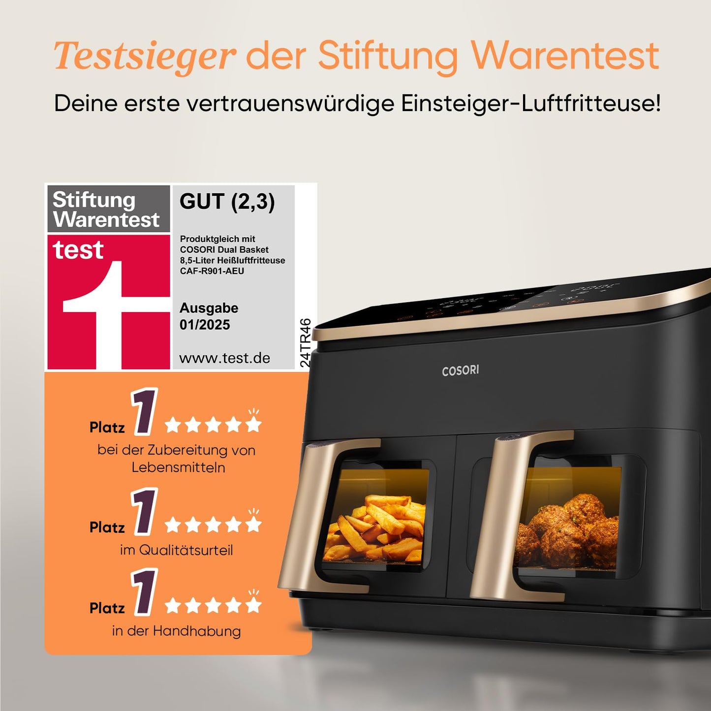 Cosori Airfryer | Test winner from Stiftung Warentest | 8.5L hot air fryer 2 chambers | Hot air fryer with viewing window | NTC technology for precise temperature control | Gold | R903