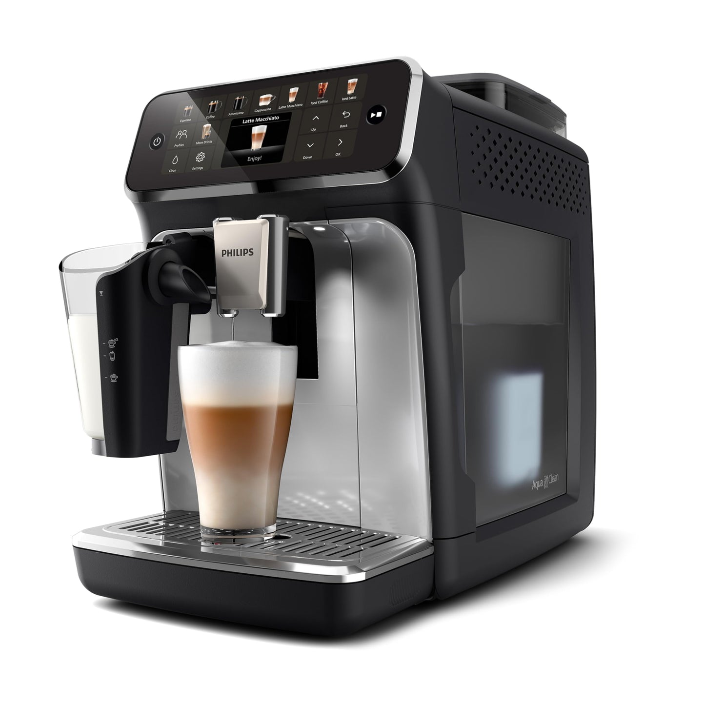 PHILIPS Series 5500 fully automatic coffee machine - LatteGo milk system, 20 hot and cold coffee specialties, 40% quieter with SilentBrew, QuickStart, black and silver (EP5546/70)