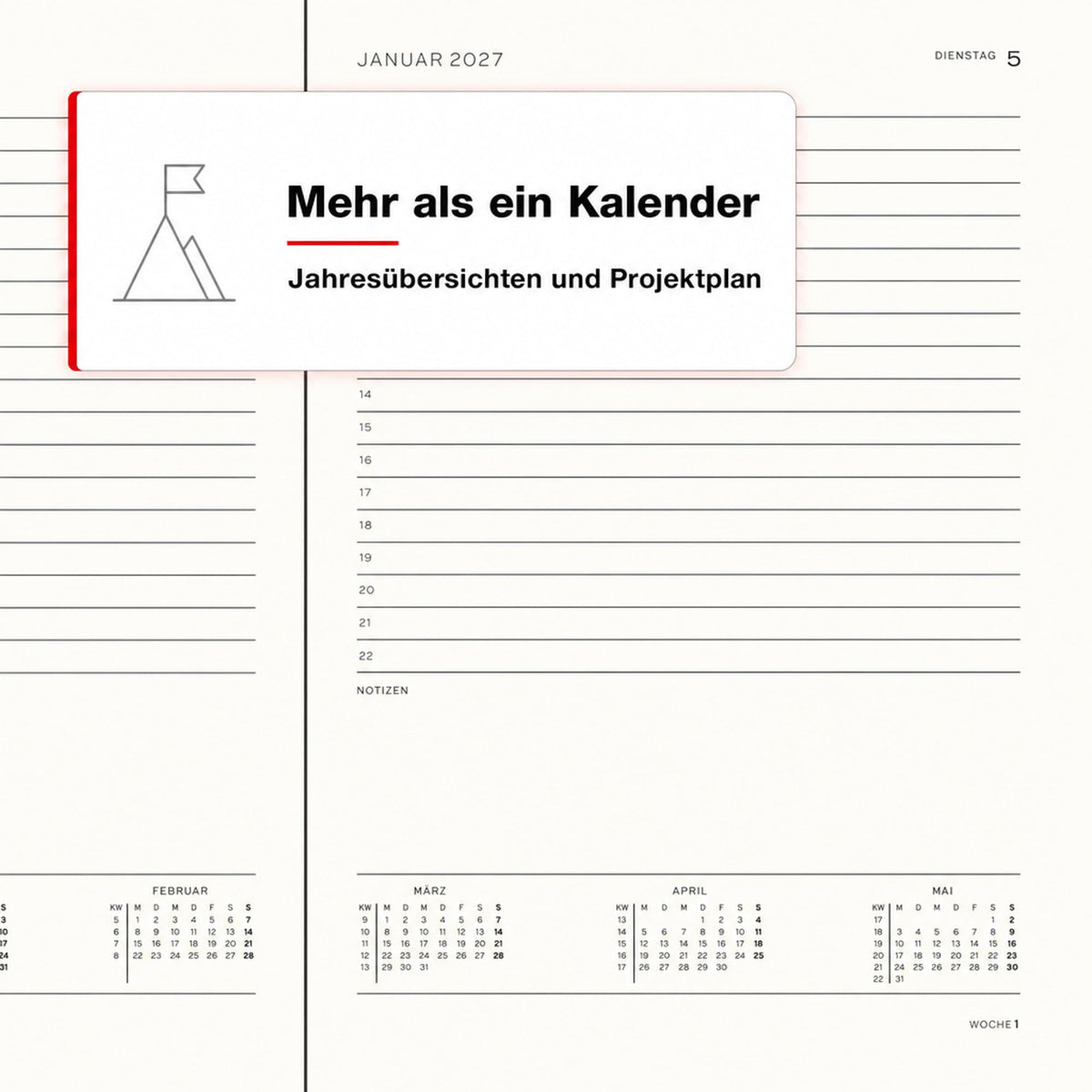 LEUCHTTURM1917 Calendar zilnic 2027 A4+ (Master) - germană, negru, 225 x 315 mm, ianuarie-decembrie (12 luni), 1 pagină pe zi, grilă orară 7:00-22:00, copertă cartonată, hârtie de 100 g/m² - 400156