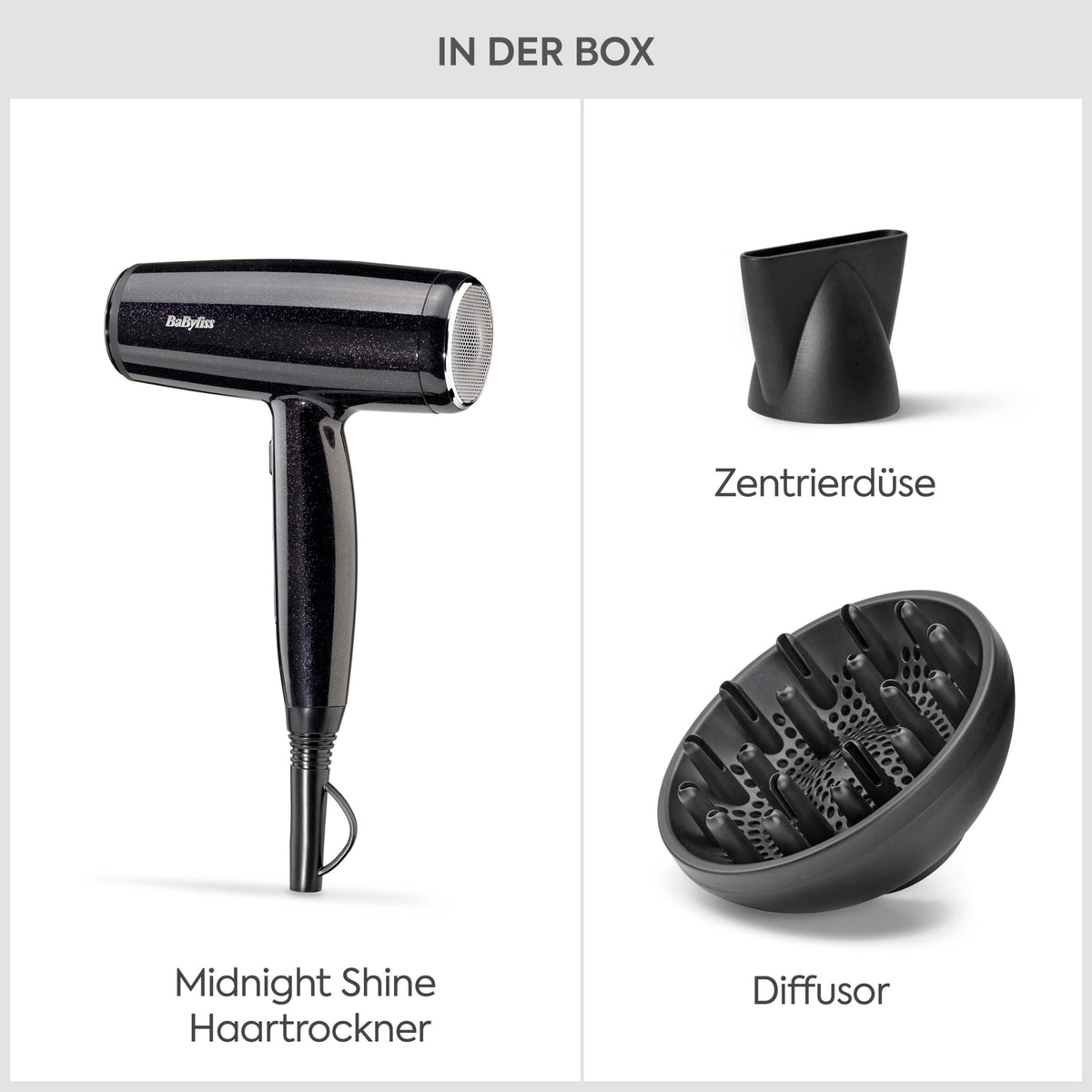 BaByliss Midnight Shine Lightweight Hair Dryer with Diffuser – 2100W Powerful, Elegant Hair Dryer, Ion Technology against Frizz, 3 Heat & 2 Speed Settings, D590DE