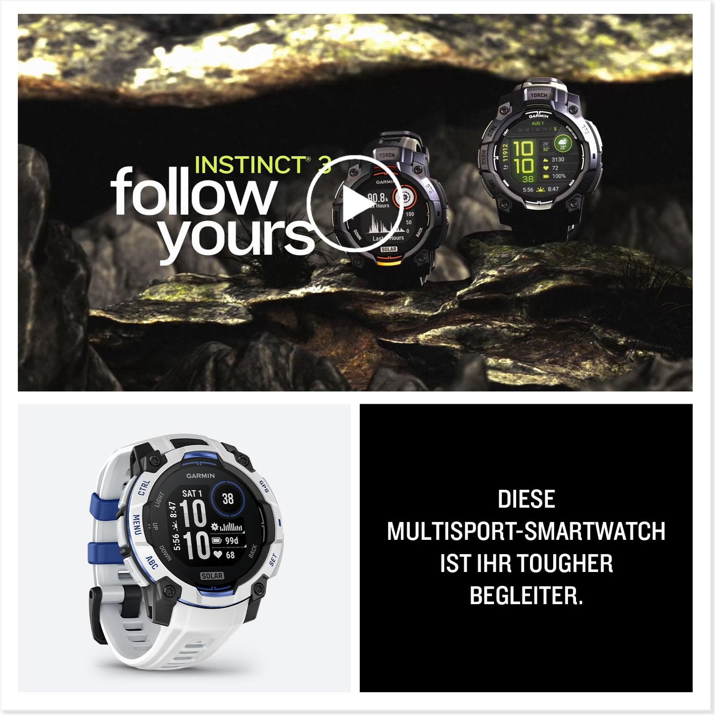 Garmin Instinct 3 45mm SOLAR - GPS multisport smartwatch, 0.9" display, up to 28 days battery life, 80+ sports apps, navigation function, smart features, LED flashlight, waterproof - 010-02934-03