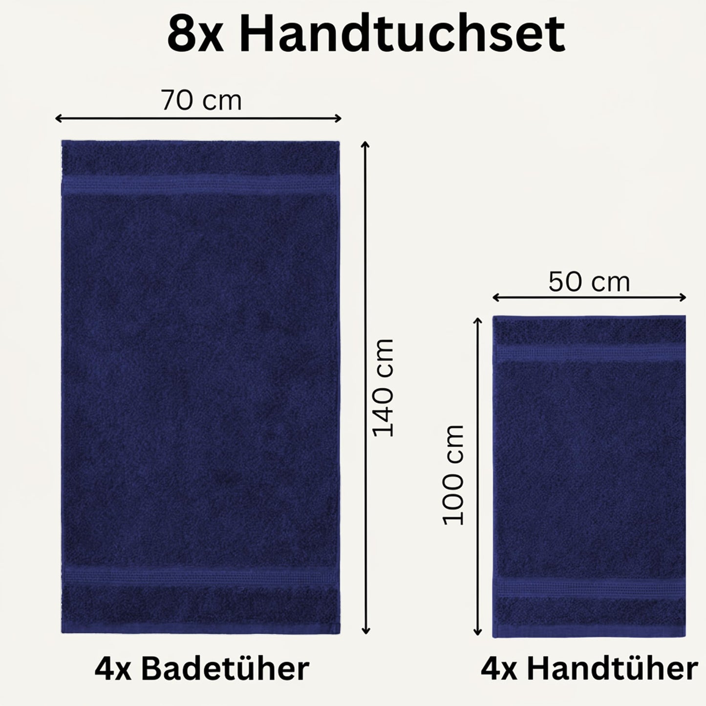 Komfortec set of 8 towels, 4 bath towels 70x140 cm & 4 hand towels 50x100 cm, 100% cotton terry cloth, fluffy and absorbent, navy blue - 4er-50x100-und-4er-70x140-navyblau-amz