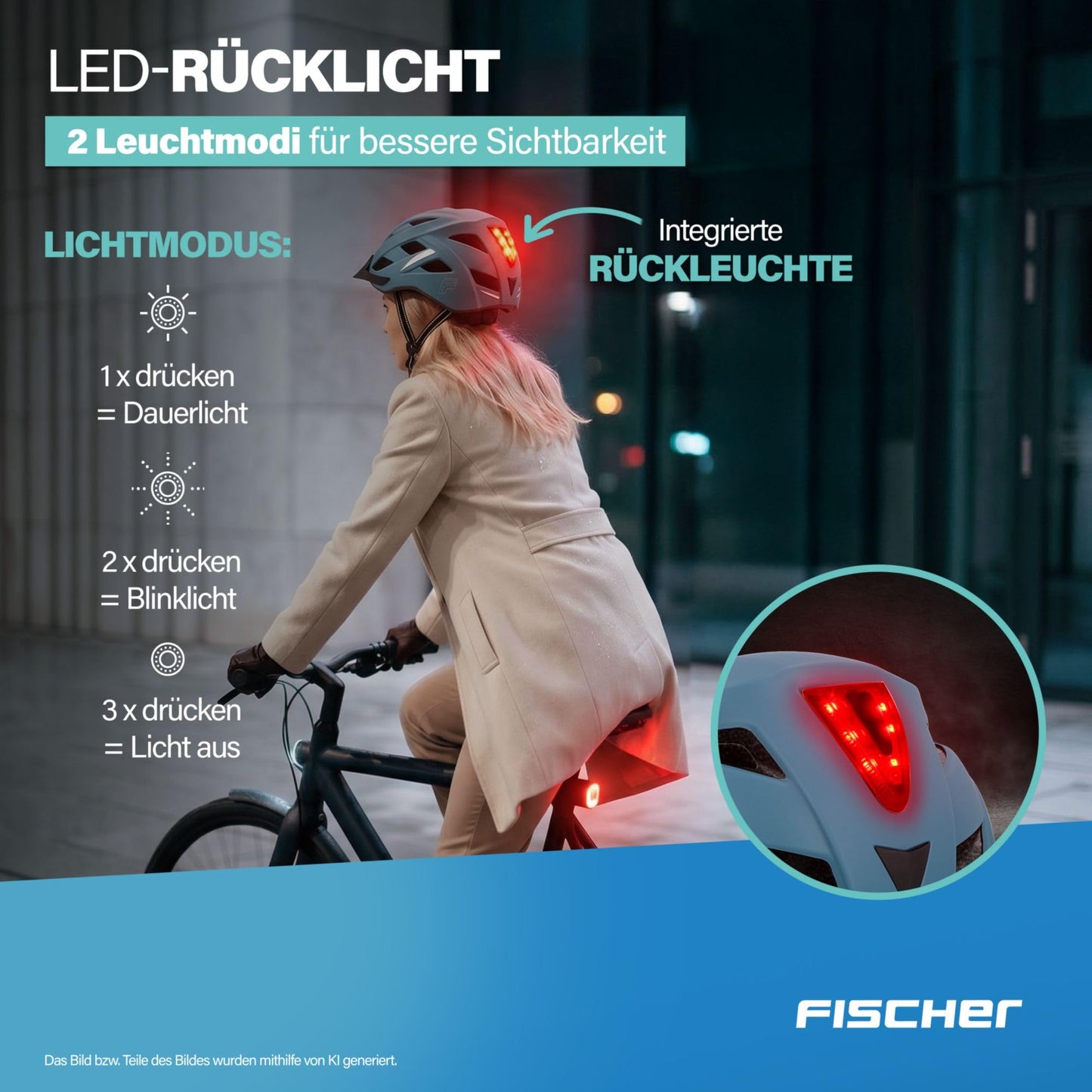 FISCHER adult bicycle helmet, cycling helmet, city helmet Urban Plus Chicago, L/XL, 58-61 cm, blue, with integrated LED rear light - 50634:FISCHER