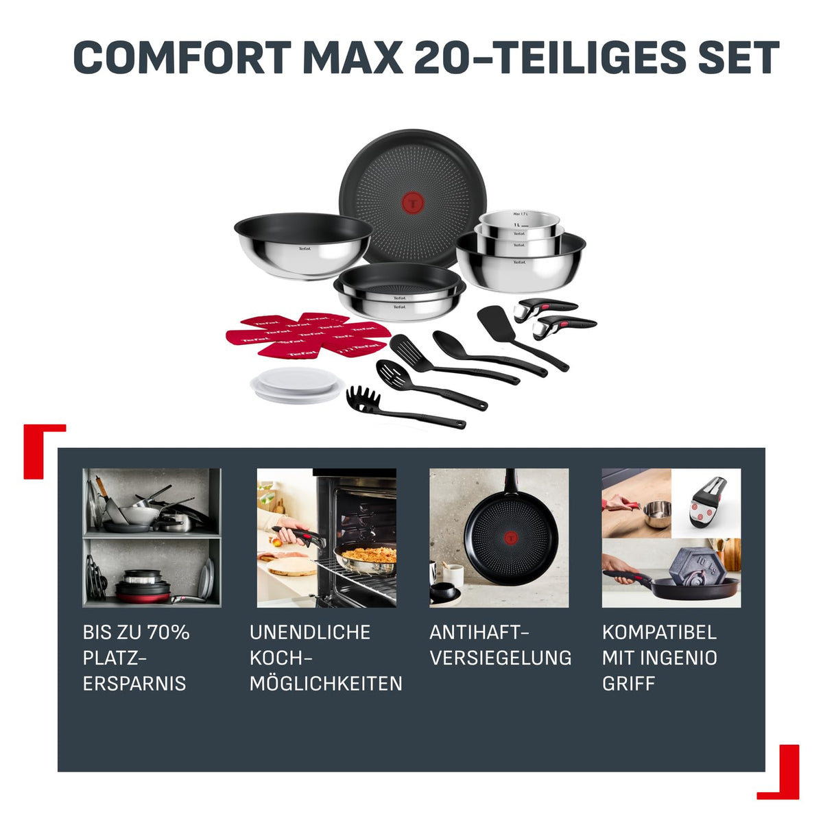 Tefal Ingenio Comfort Max 20-piece Cookware Set, stackable, space-saving - L966KS44