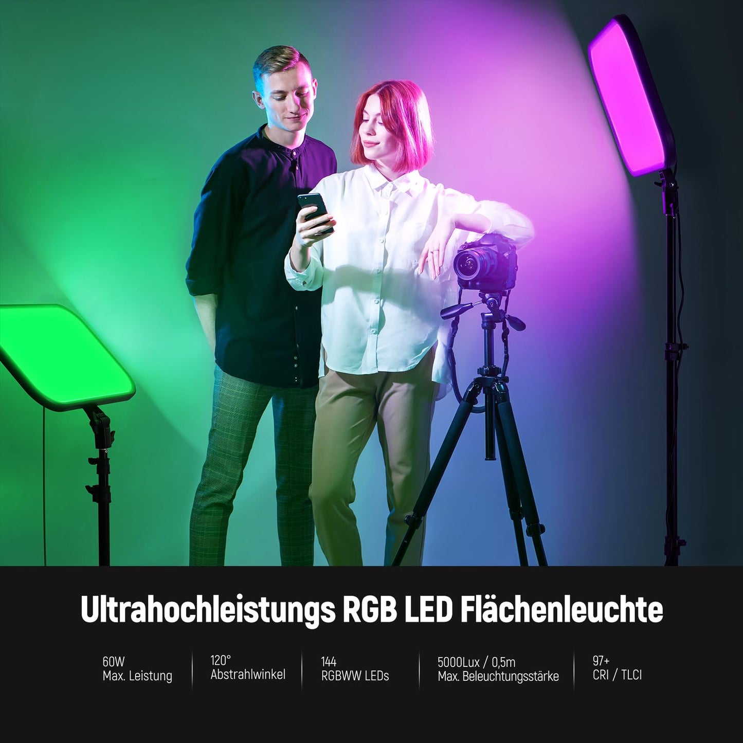 NEEWER RGB168 18.3" 60W RGB LED Video Light Panel Set with Tripod Stand App Control 360° Full Color Dimmable 2500K-8500K RGB Video Light/CRI 97+/17 Scene Effects Studio Continuous Light Photography, 2 Pack - 10101825