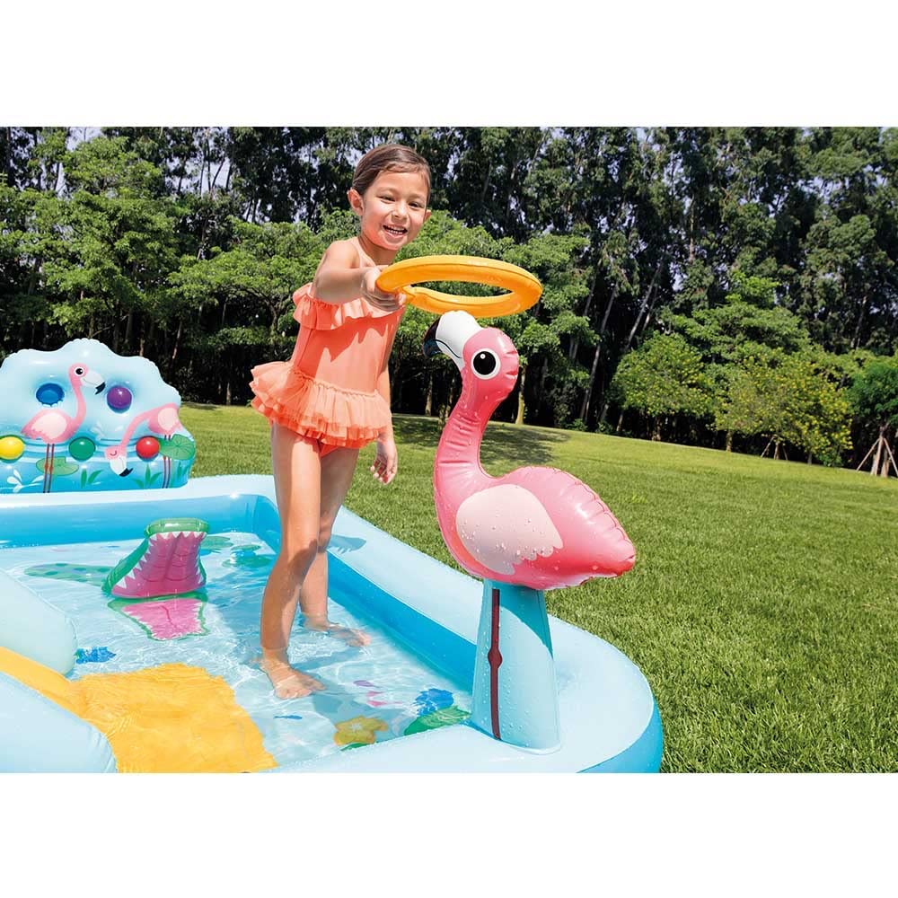 INTEX "Jungle Adventure Play" Inflatable Paddling Pool for Children Children's Pool Set 244 x 198 x 71cm Jungle World Flamingo, Crocodile, Hippopotamus & Monkey, Rain Shower & Slide, 550 l (57161NP)