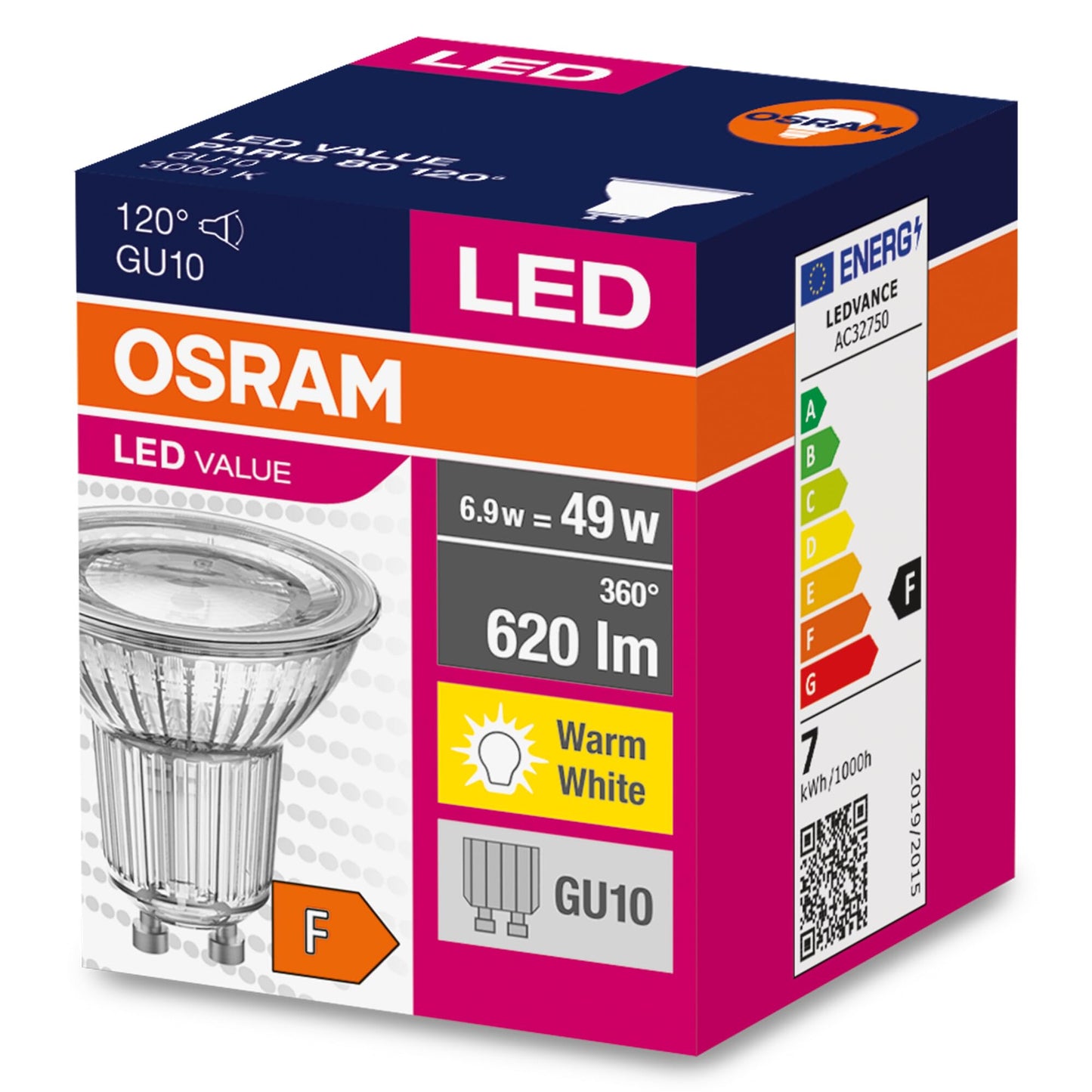 Osram LED Star Value PAR16 LED lamp for GU10 base, reflector lamp, GL, 620 lumens, warm white (3000K), replacement for conventional 49W light bulbs, not dimmable, pack of 10 - 4058075096714
