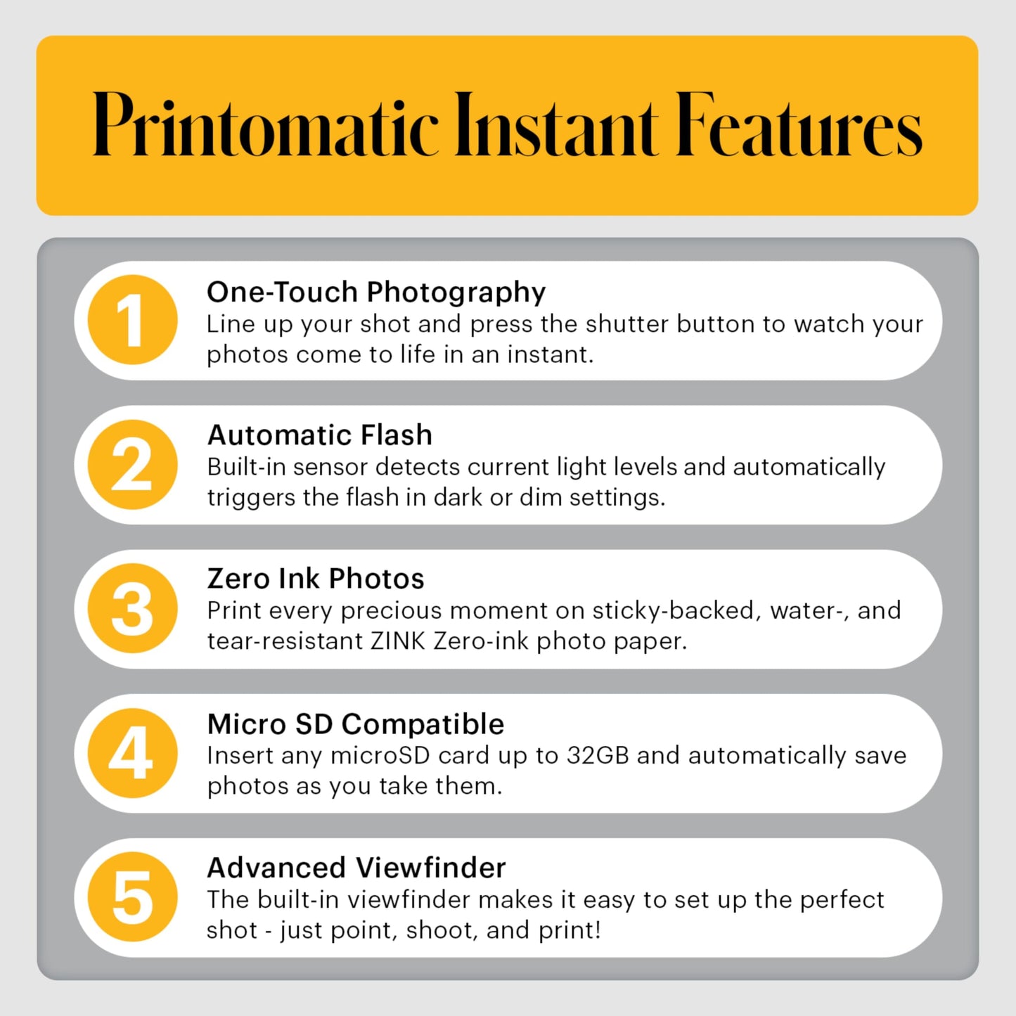 Kodak Printomatic Instant Camera – 75 Sheet Package – 5MP – Zinc 2x3 Photos – Portable – Gray - AMZNBRODMATGR