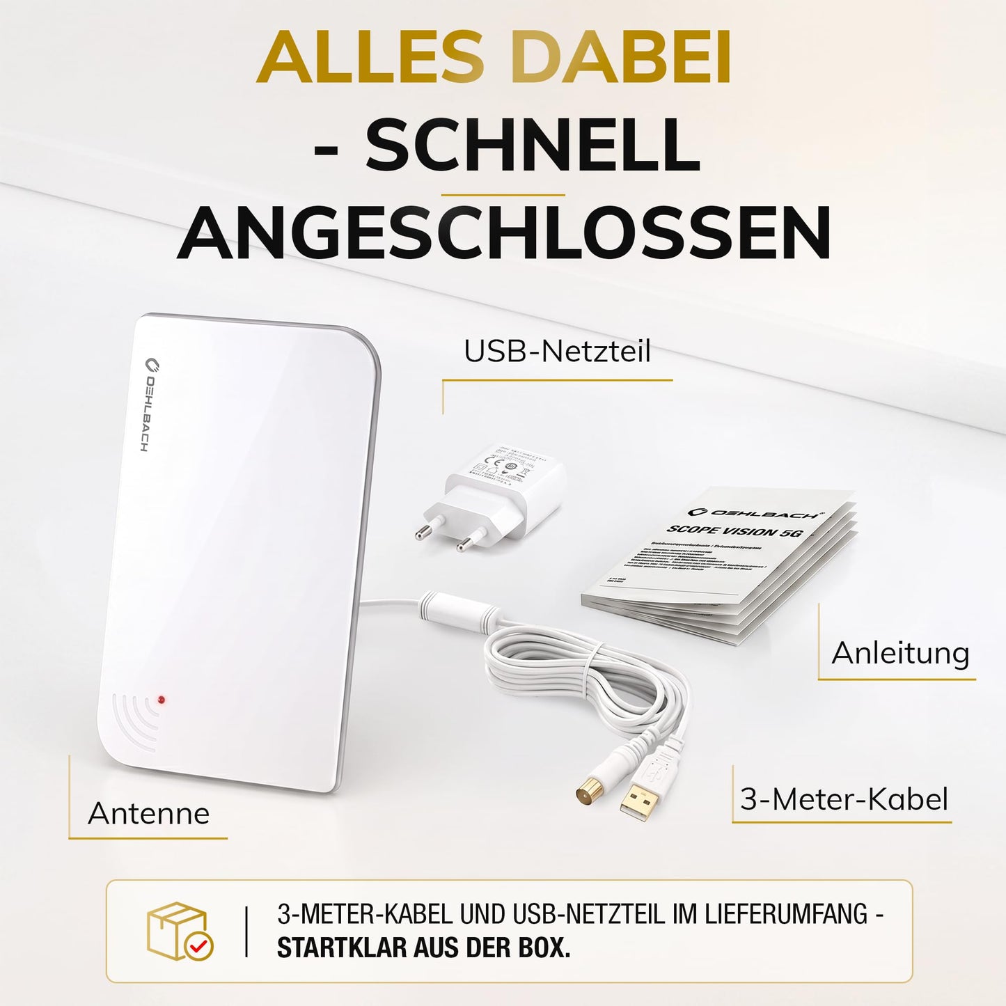 Oehlbach Scope Vision 5G DVB-T2 HD antenna - digital indoor antenna - active DVB-T amplifier - successor to our test winner - with 5G filter - white - 17235