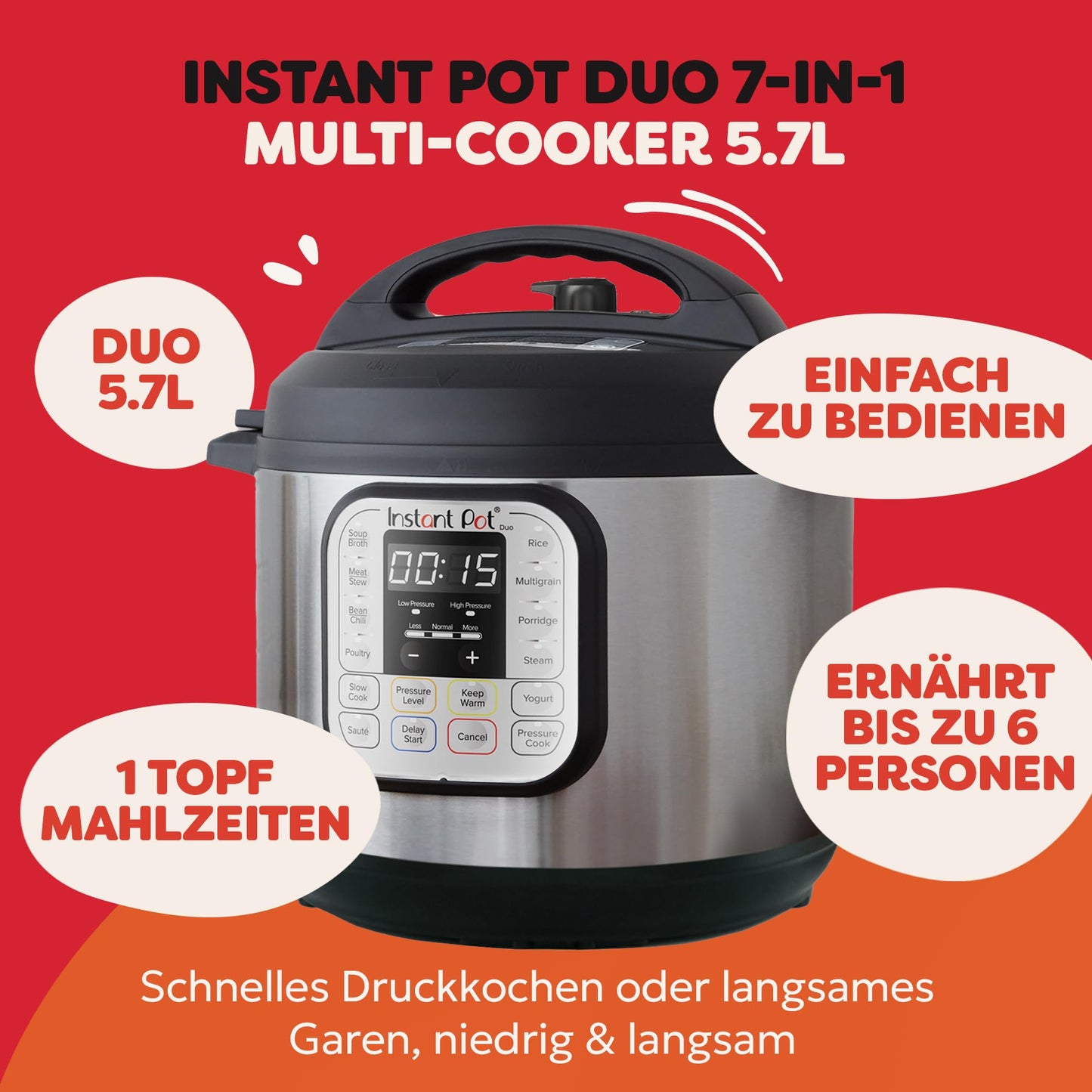 Instant Pot Duo 7-in-1 Multi Cooker 5.7L - Brushed Stainless Steel, Large Pressure Cooker, Slow Cooker, Rice Cooker, Sauteer, Yogurt Maker, Steamer and Food Warmer, Dishwasher Safe - 112-0182-01-EU
