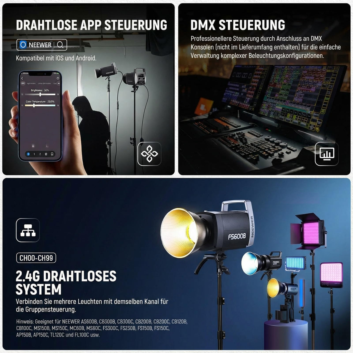 NEEWER 600W LED Studio Video Light 2.4G/APP Control 87100Lux/1m, 2700K–6500K Dual Color COB Continuous Light with CRI95+, 12 Scenes, Bowens Mount, Spotlight for Photography, Streaming, FS600B - 10107308