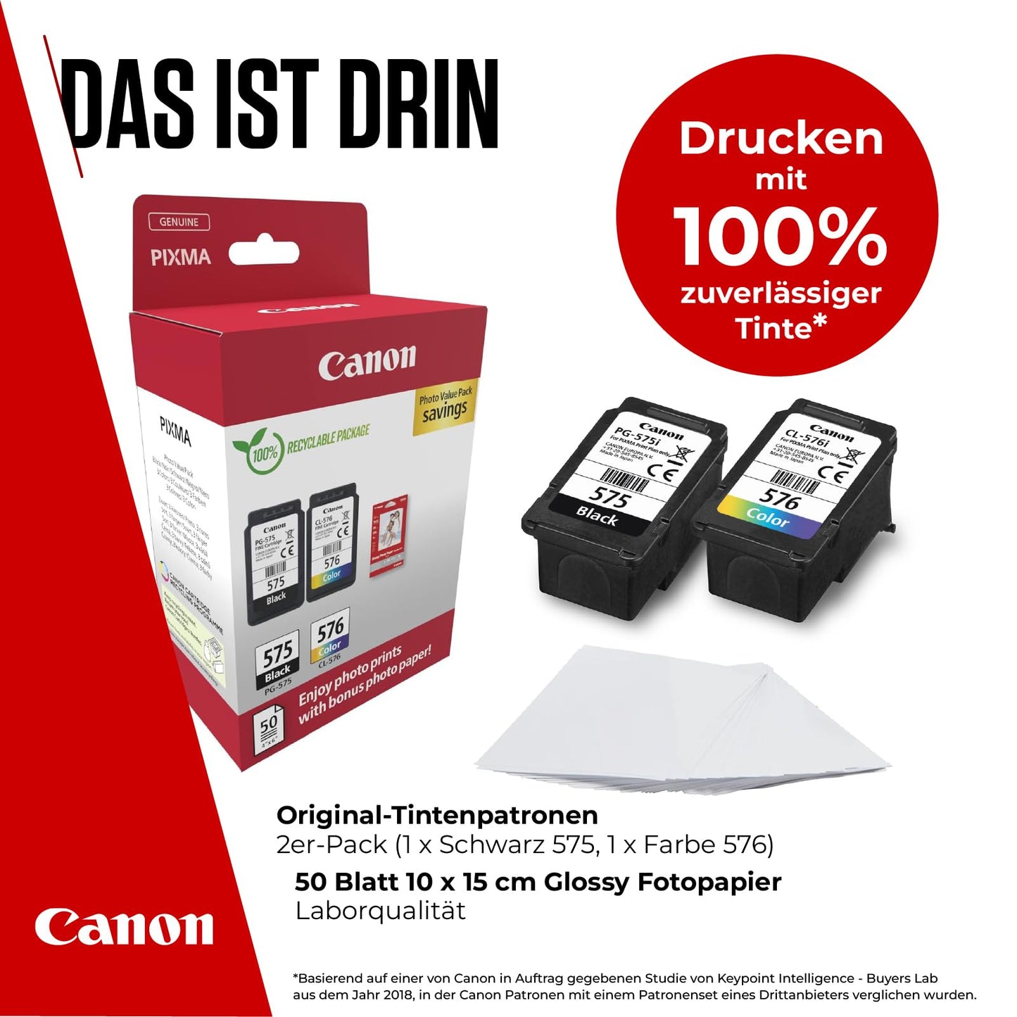 Canon Ink Cartridges & Paper Multipack - PG-575/CL-576 Original Printer Cartridges Pack of 2 (1 x Black, 1 x Color) & 4x6 Photo Paper (50 Sheets) - 5438C004