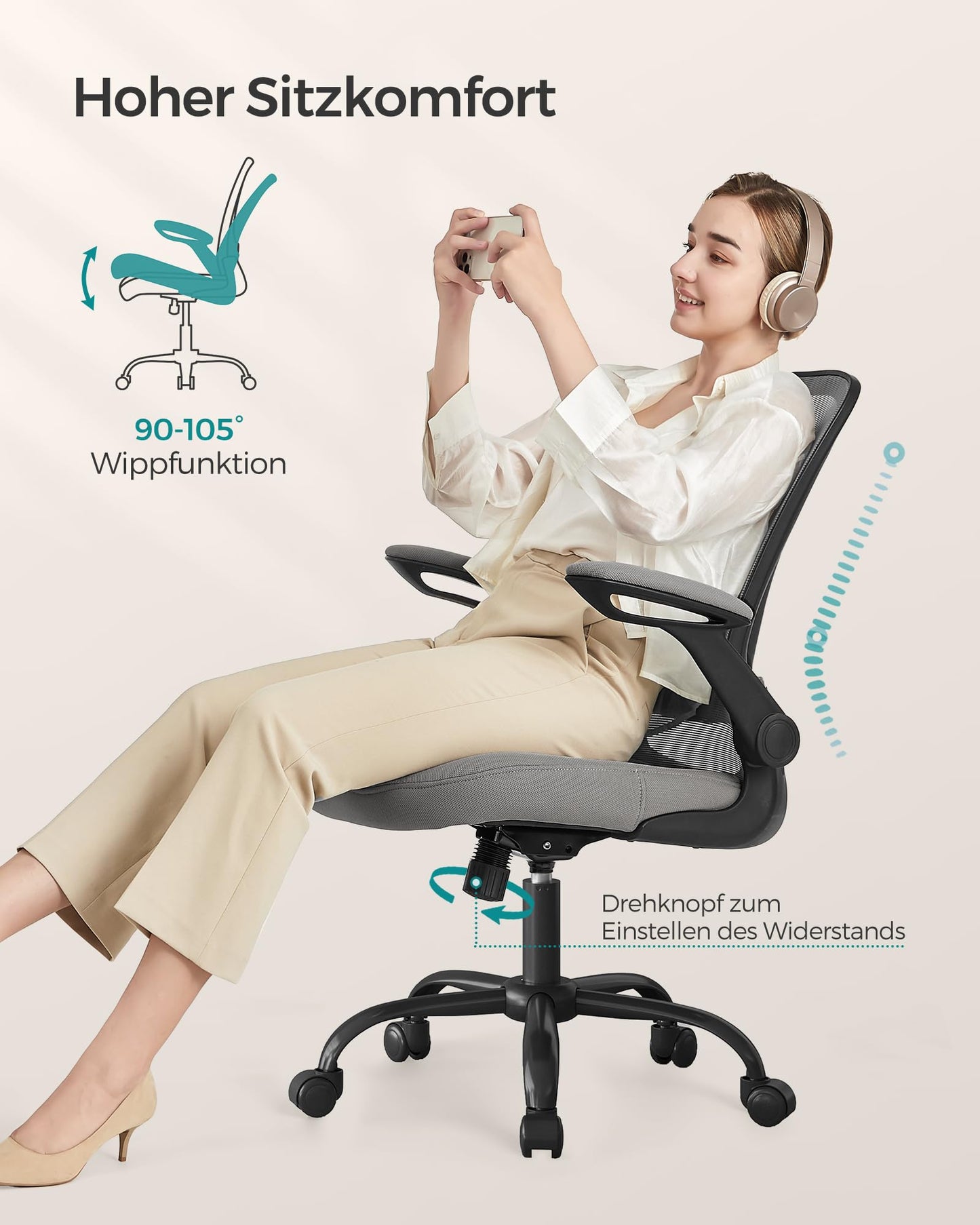 SONGMICS ergonomic office chair, swivel chair with mesh, lumbar support, rocker function, 53 cm seat, folding armrests, study and bedroom, students, dove gray OBN037G01