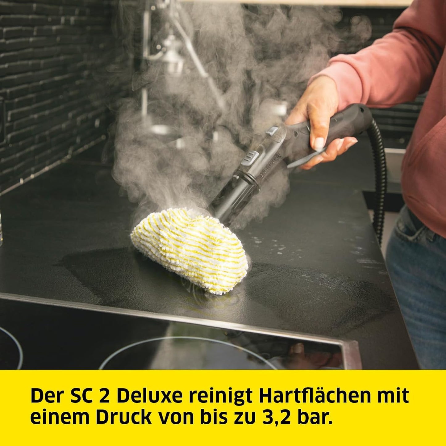 Kärcher steam cleaner SC 2 Deluxe, area performance: approx. 75m², tank: 1 l, steam pressure: max. 3.2 bar, heating time: 6.5 min., heating output: 1,500 W, with EasyFix floor cleaning set and 3 nozzles, single - 1.513-400.0