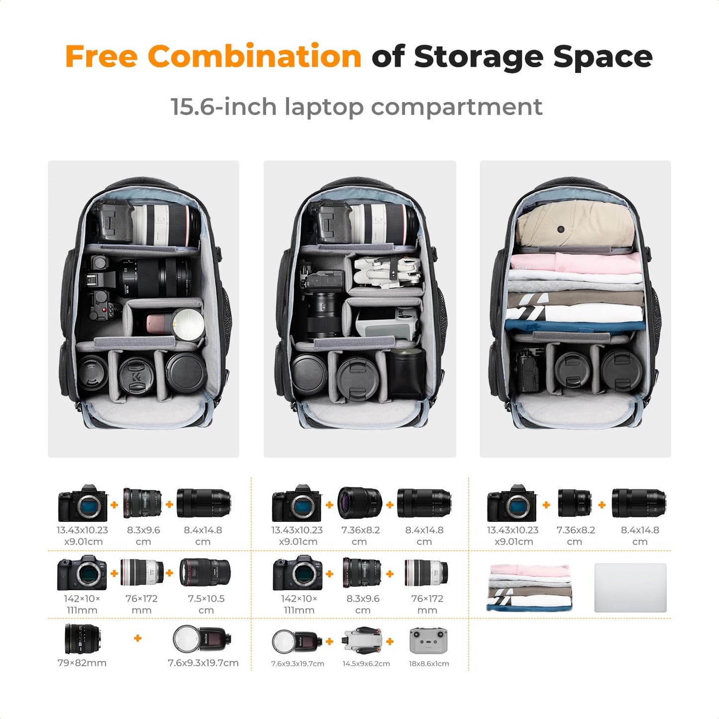 K&F CONCEPT camera backpack waterproof photo backpack for Canon Nikon Sony SLR cameras, drone, lens, laptop, tripod and accessories - KF13.164