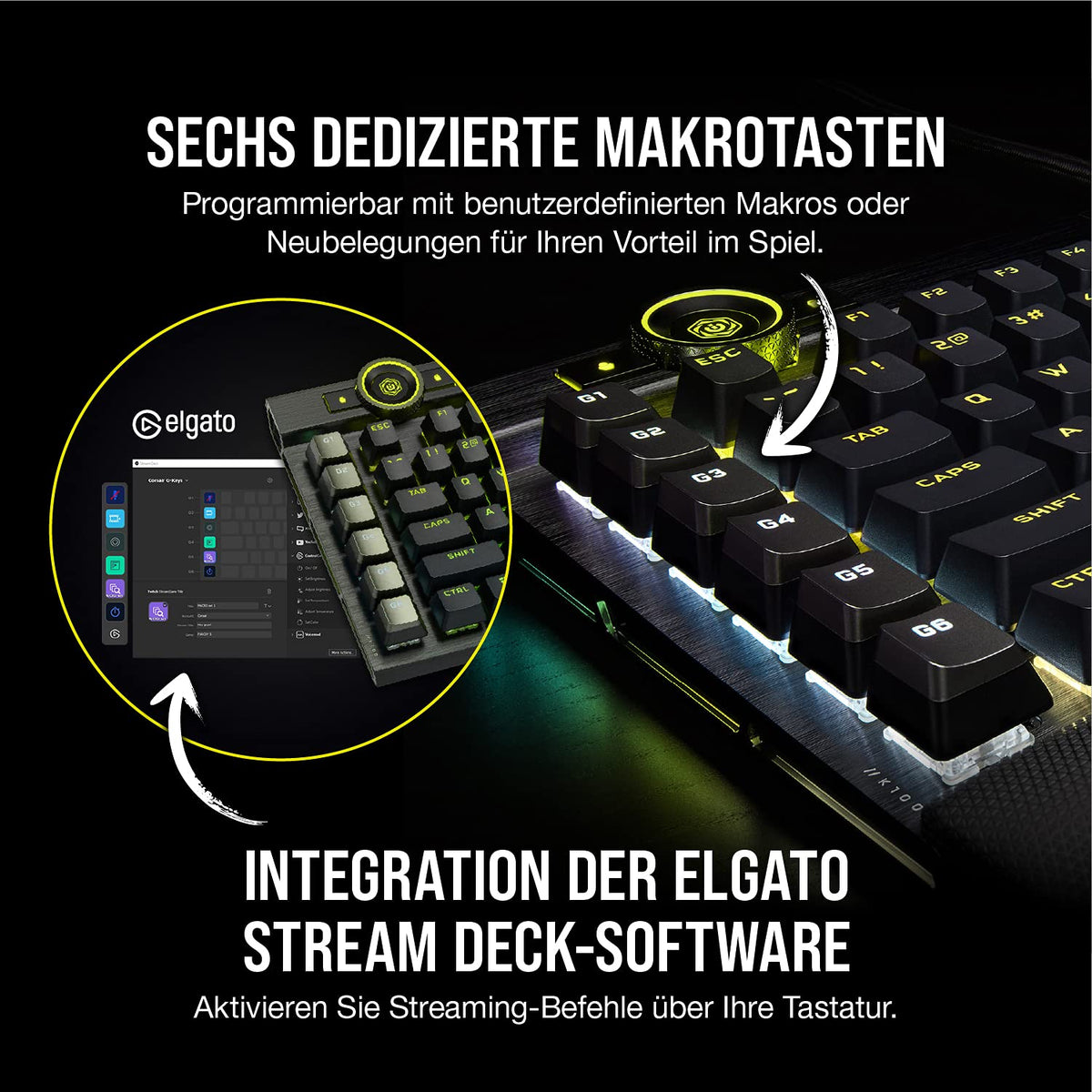 CORSAIR K100 RGB Optical-Mechanical Wired Gaming Keyboard - OPX Linear Switches - PBT Double-Shot Keycaps - Compatible with Elgato Stream Deck & iCUE - PC, Mac, Xbox - QWERTZ DE - Black - CH-912A01A-DE