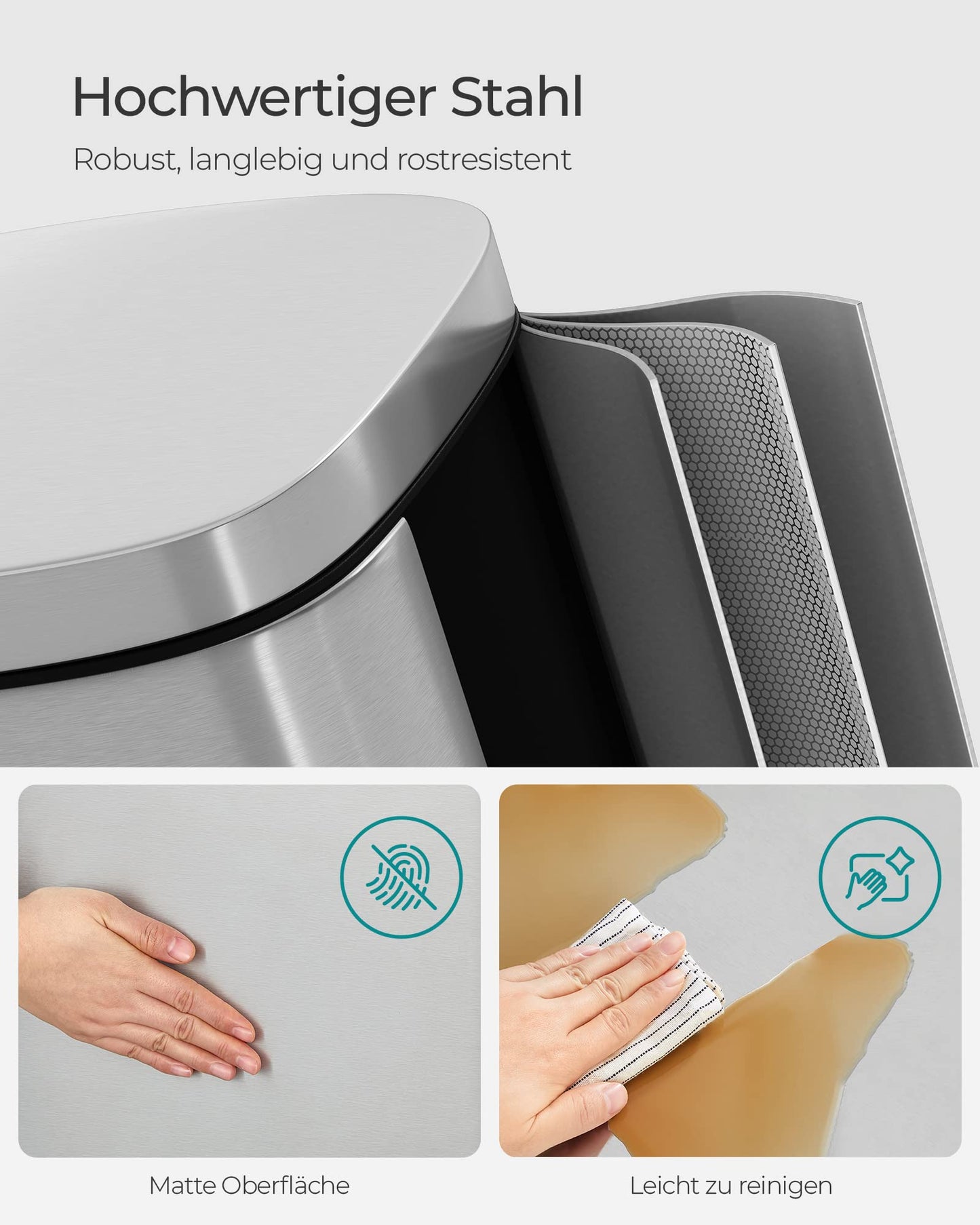 SONGMICS kitchen rubbish bin, 30 liters, waste bin, pedal bin, with lid, soft close, foot pedal, steel, inner bin, silver LTB03NL