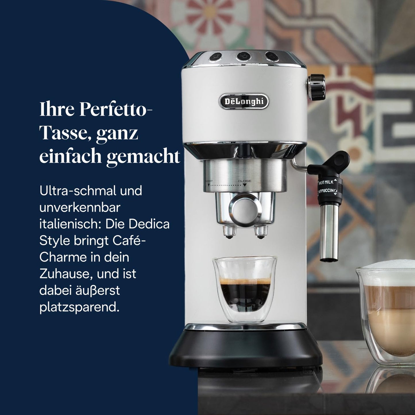 De'Longhi Dedica Style - Perfetto compact portafilter machine espresso machine with buttons, manual milk frother for espresso and cappuccino, ESE pad suitable, 15cm wide, white (EC685.W)